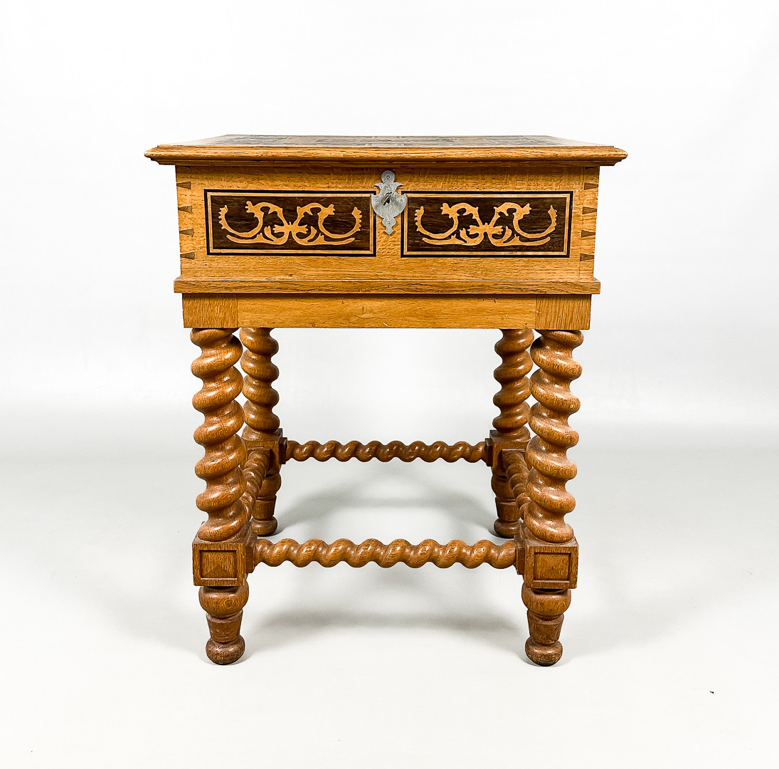 SCHATULL, intarsia, olika träslag, 1800-tal.