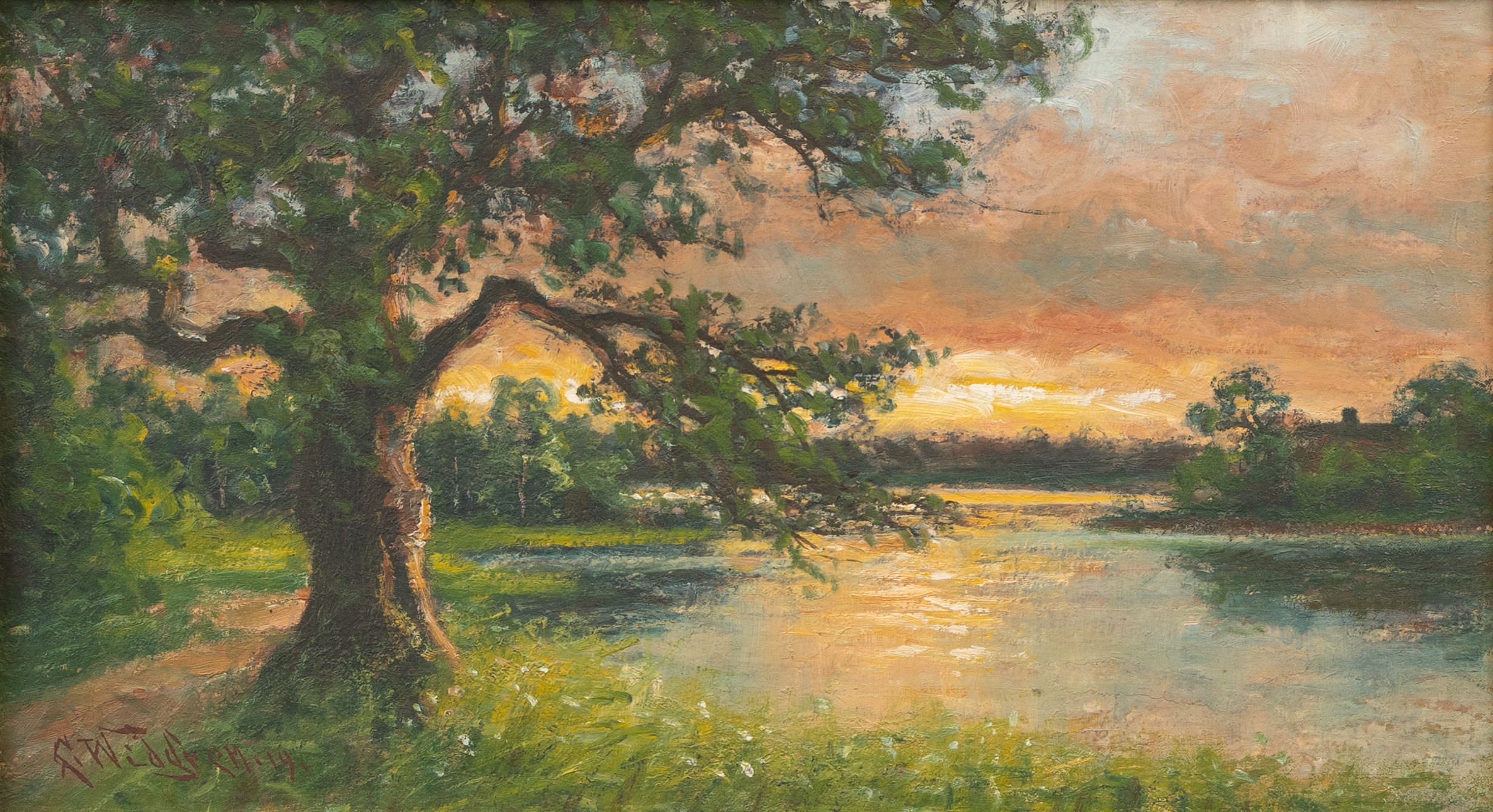 GUNNAR WIDEGREN (1914-1975). Solnedgång över insjölandskap med ek, olja på duk, signerad och otydligt daterad.