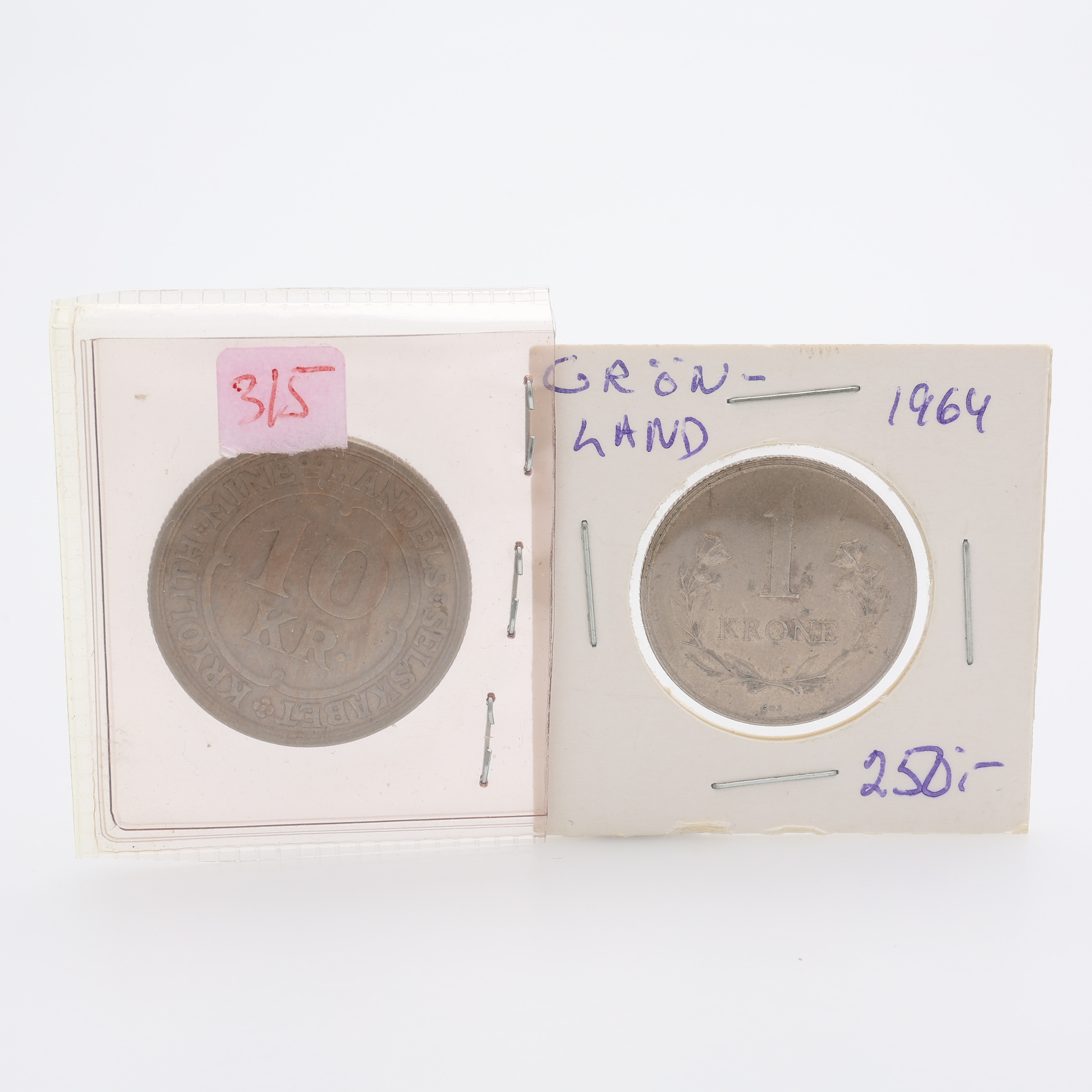 MYNT, GRÖNLAND, 2 ST. IVIGTUT 10 KR 1922 OCH 1 KRONA 1964.