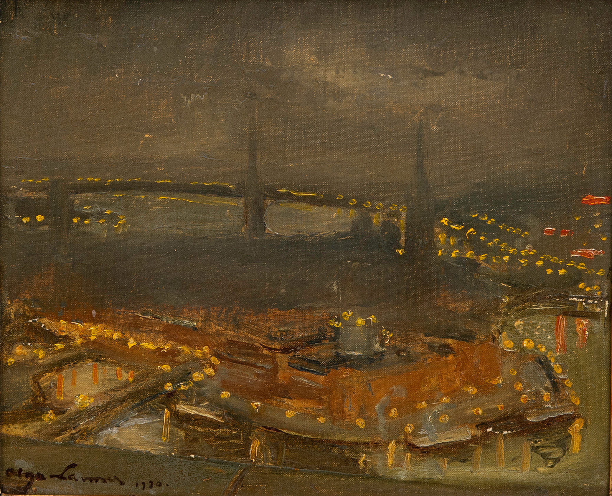 OLGA LANNER (SVERIGE, 1884-1961). Stockholmsmotiv över slussen. olja på duk, signerad och daterad 1930.