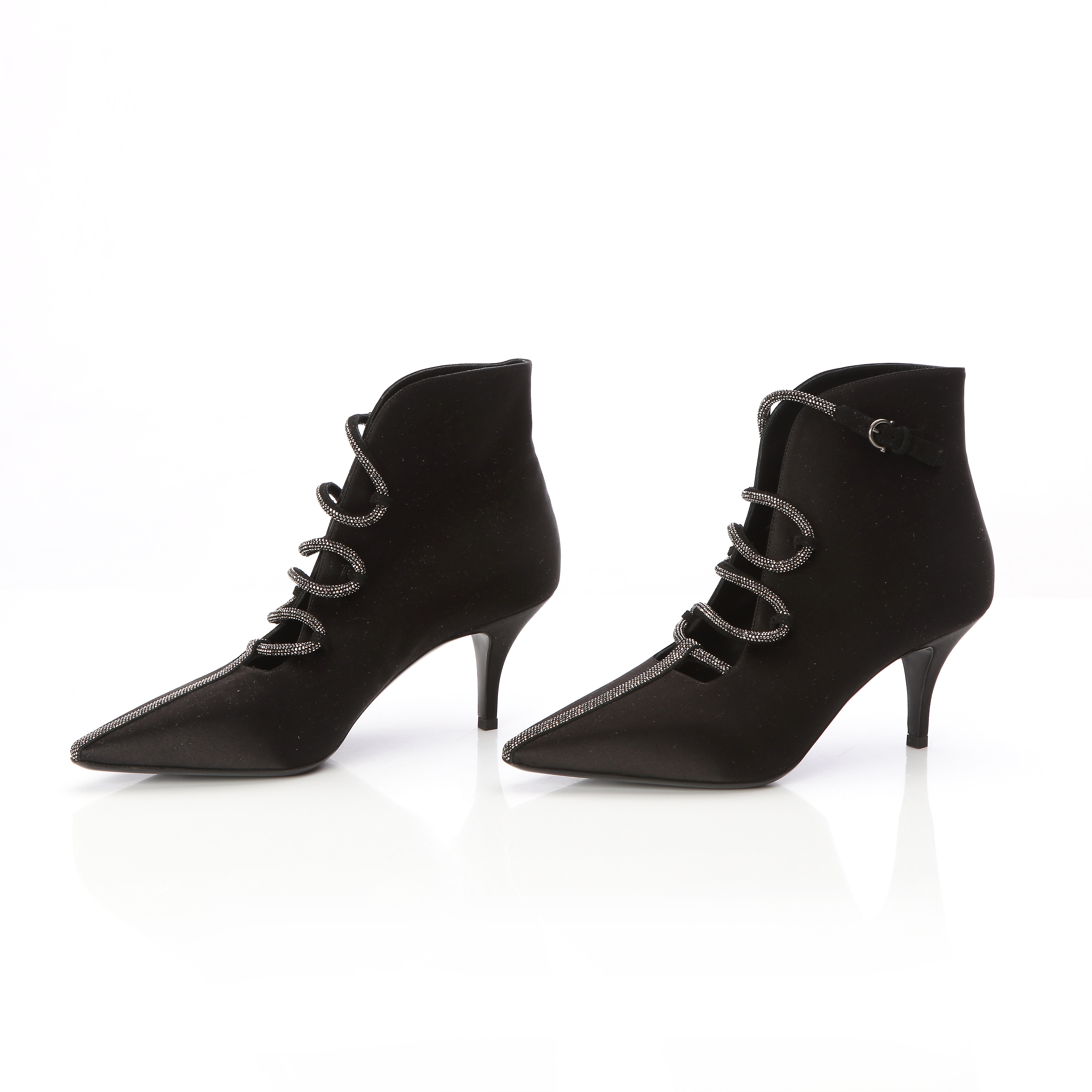 SALVATORE FERRAGAMO, "CICONIA" ANKLE BOOTS, ETT PAR. Svart satin med strassband och stilettklackar.