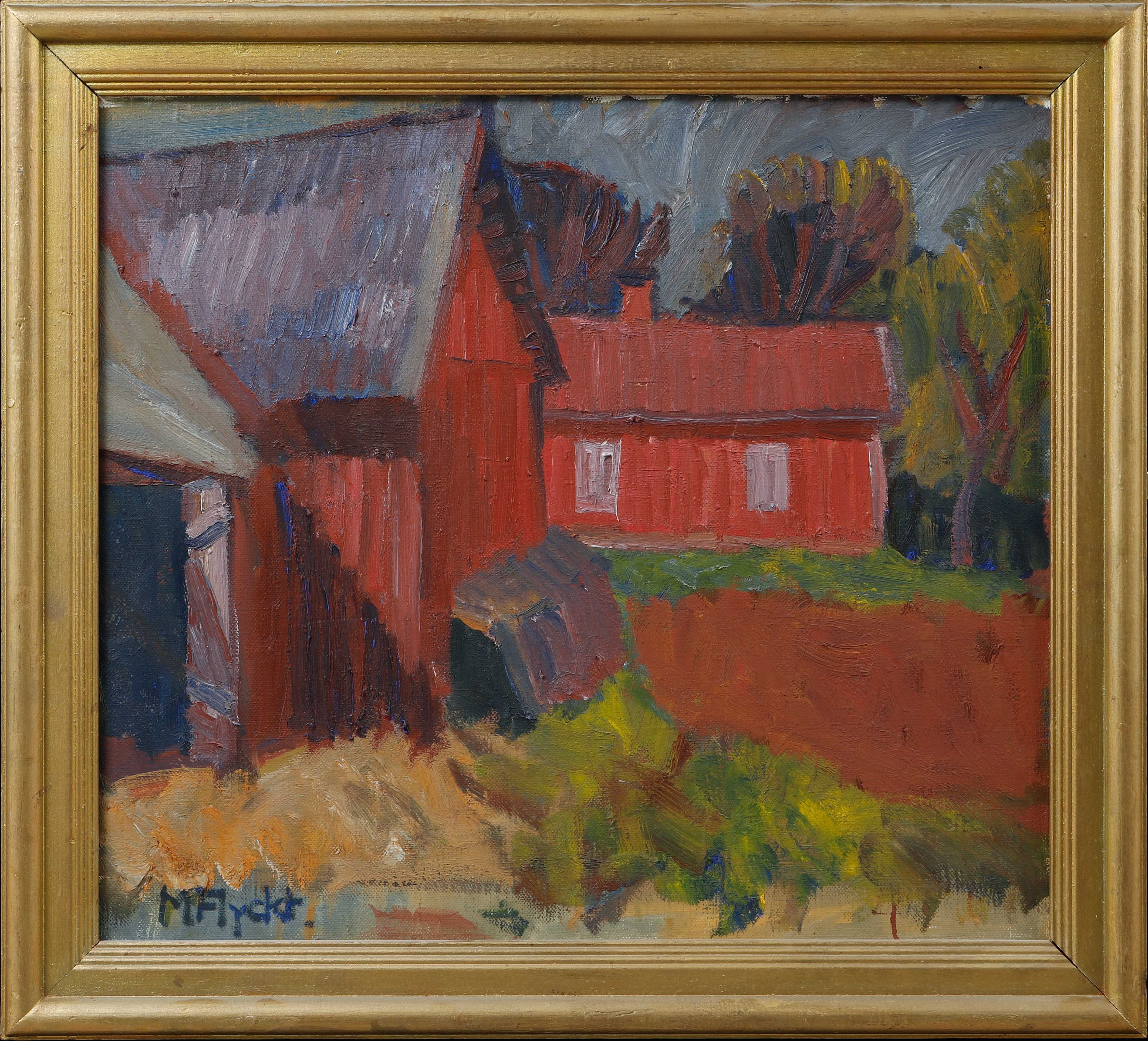 MANFRED FLYCKT. "Gård i Tärby. Vårdag" 1941. Olja på duk, signerad.