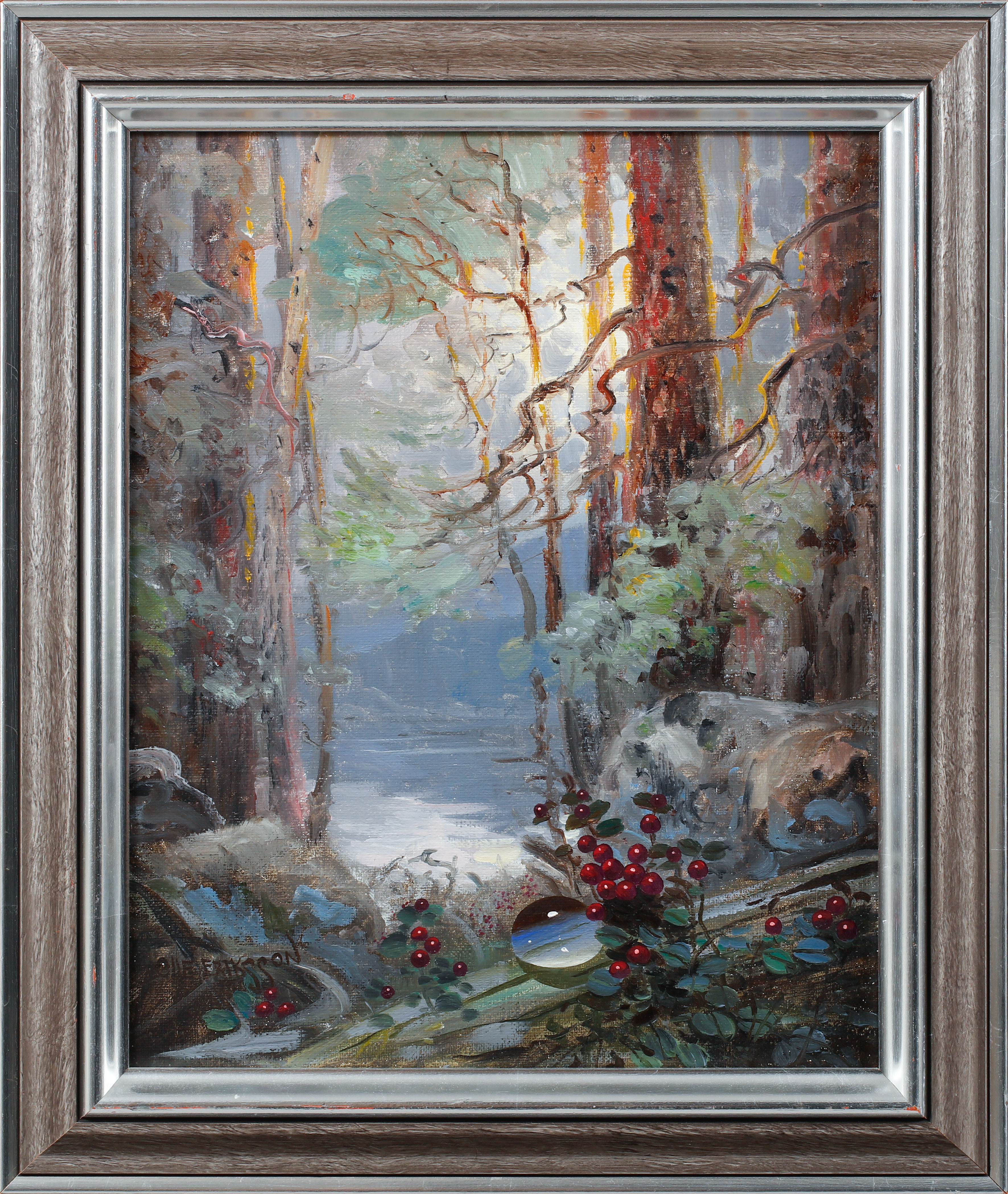 OLLE ERIKSSON DROPPEN. Skog och lingon, olja på duk, signerad.