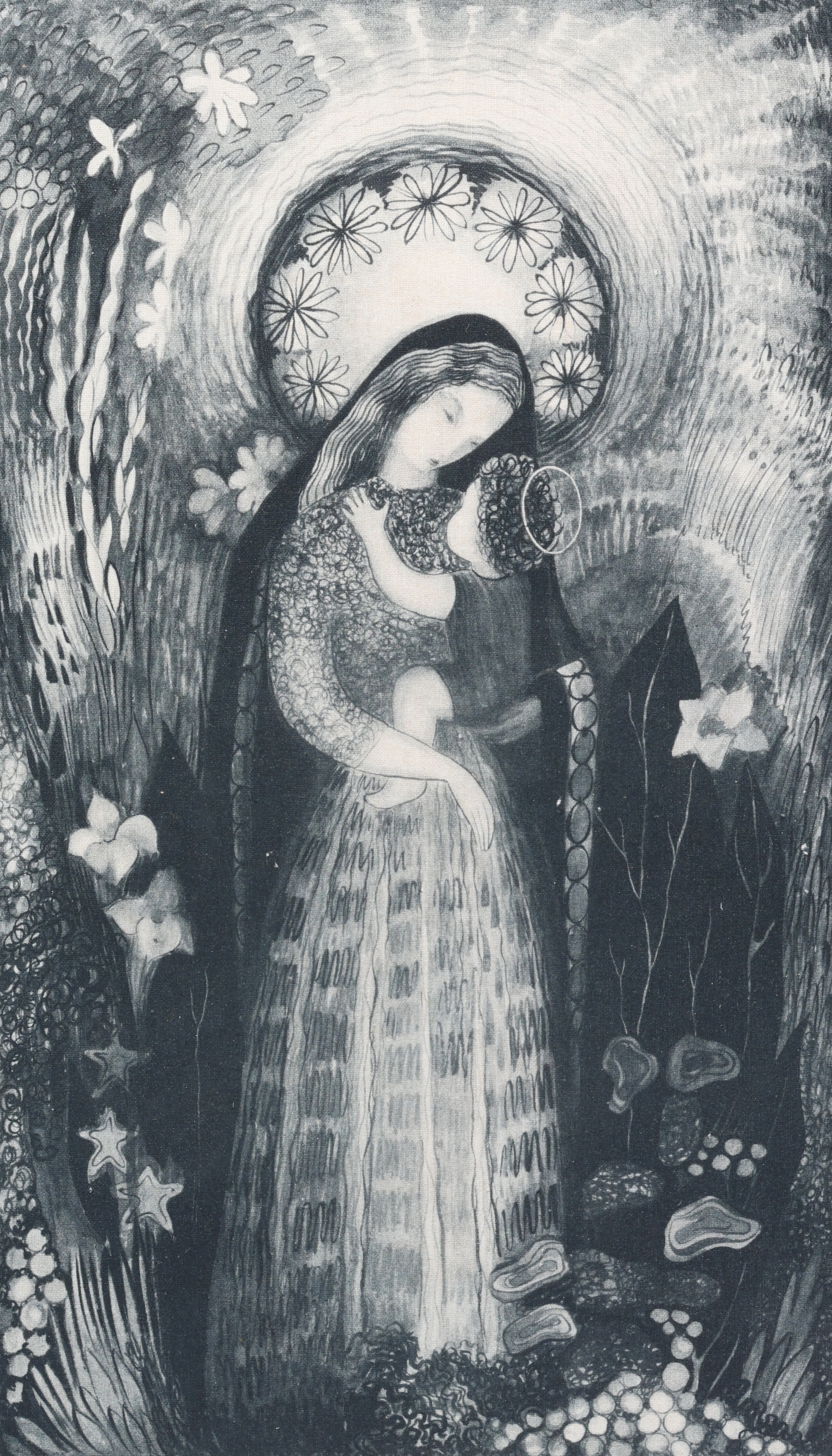 ILSE ROEMPKE. Madonna med barn, textiltryck, signerat i trycket.