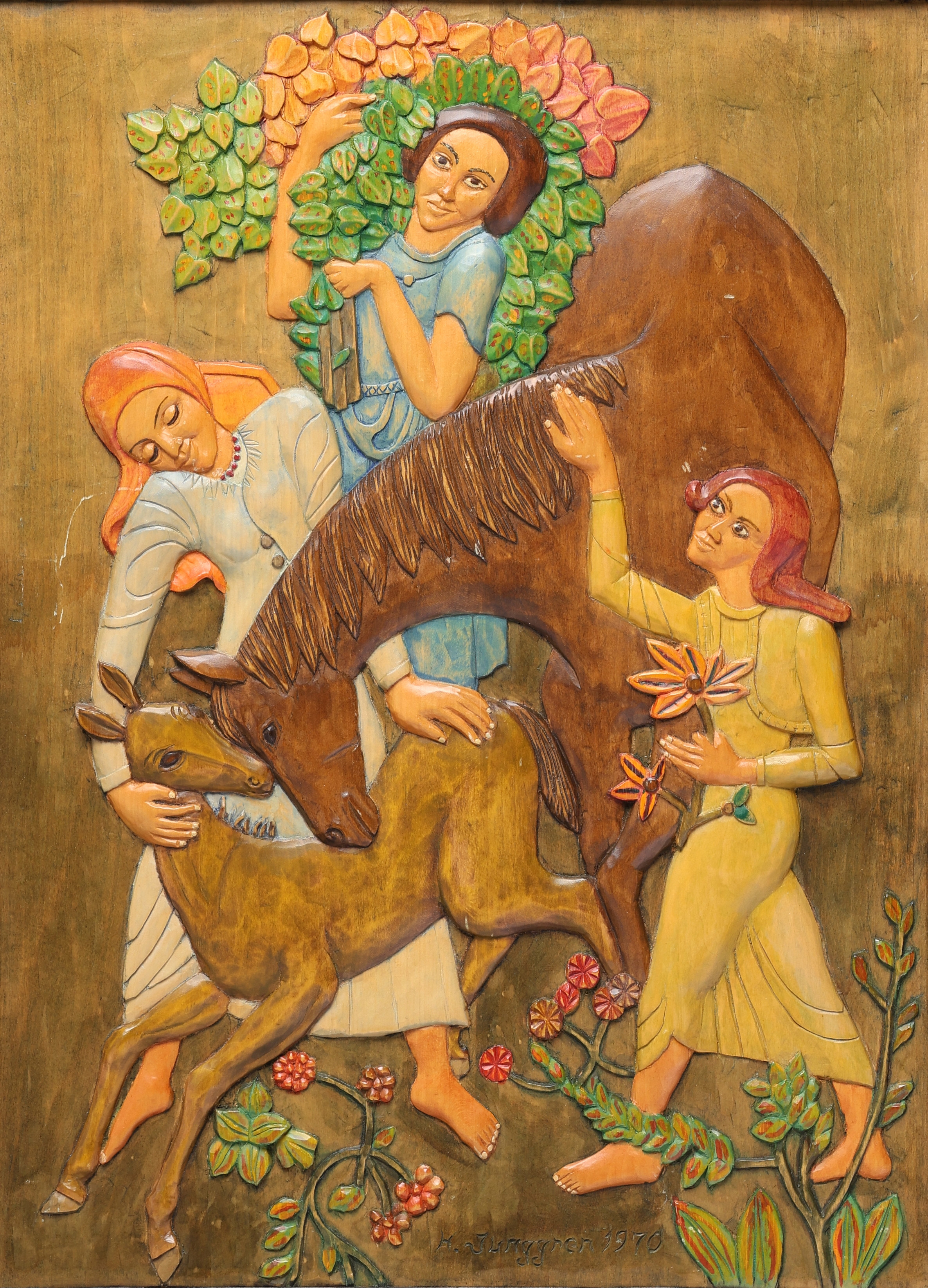 HERMAN JUNGGREN. Trärelief, troligen efter Ervin Bossanyi, signerad, daterad 1970.