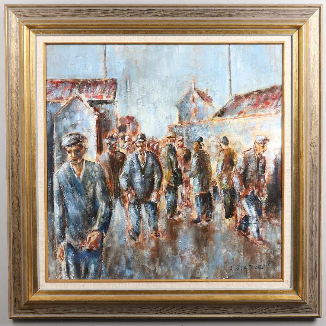 SVEN BJERKE. Olja på duk, "Folksamling", signerad.
