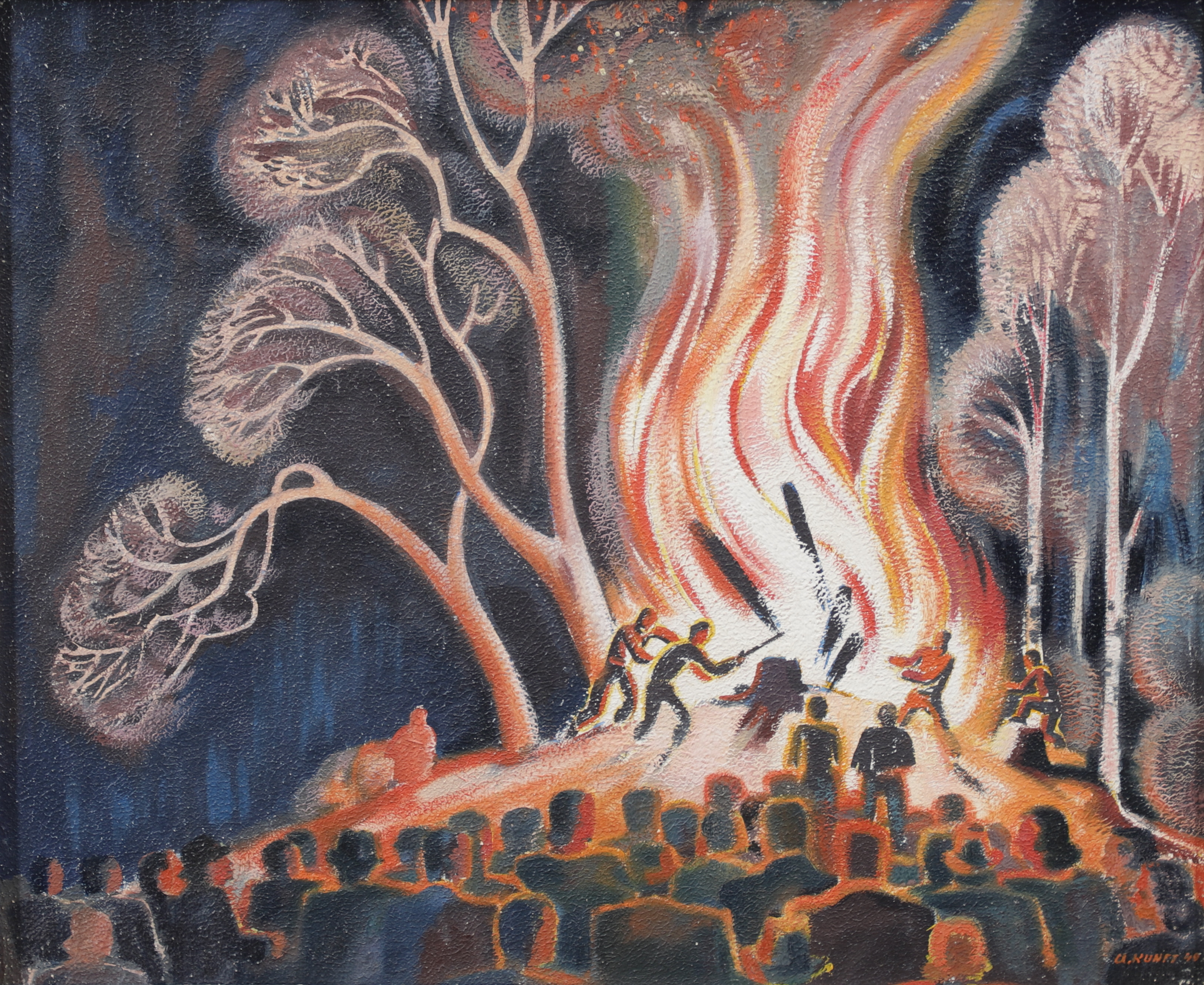 ALFRED KUNFT (TYSKLAND 1892-1961). Figurer vid eld, olja på pannå, signerad och daterad -49.