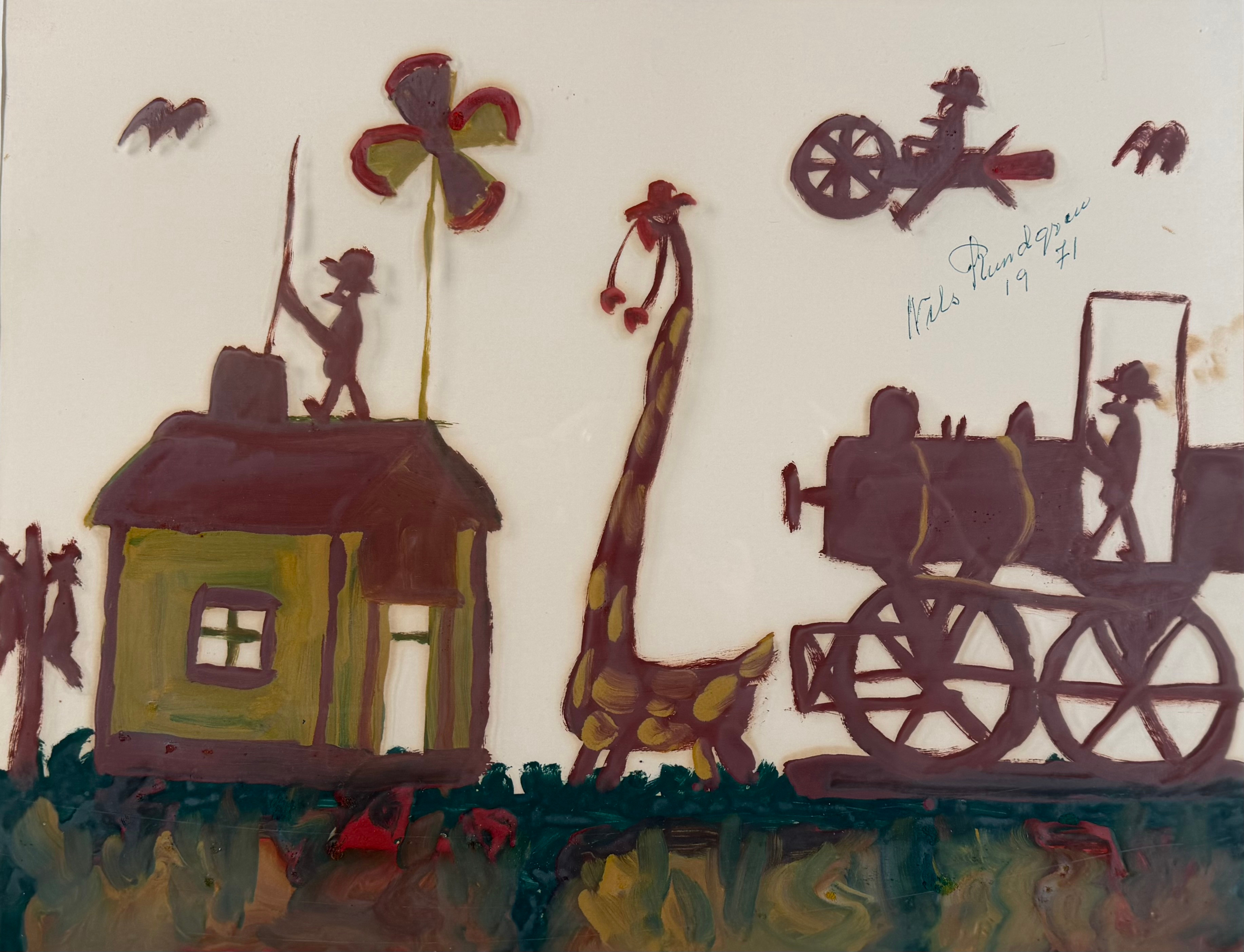 NILS RUNDGREN "BJÖRNJÄGAREN" (1890-1971). Naivistisk komposition, blandteknik på papper, signerad och daterad 1971.