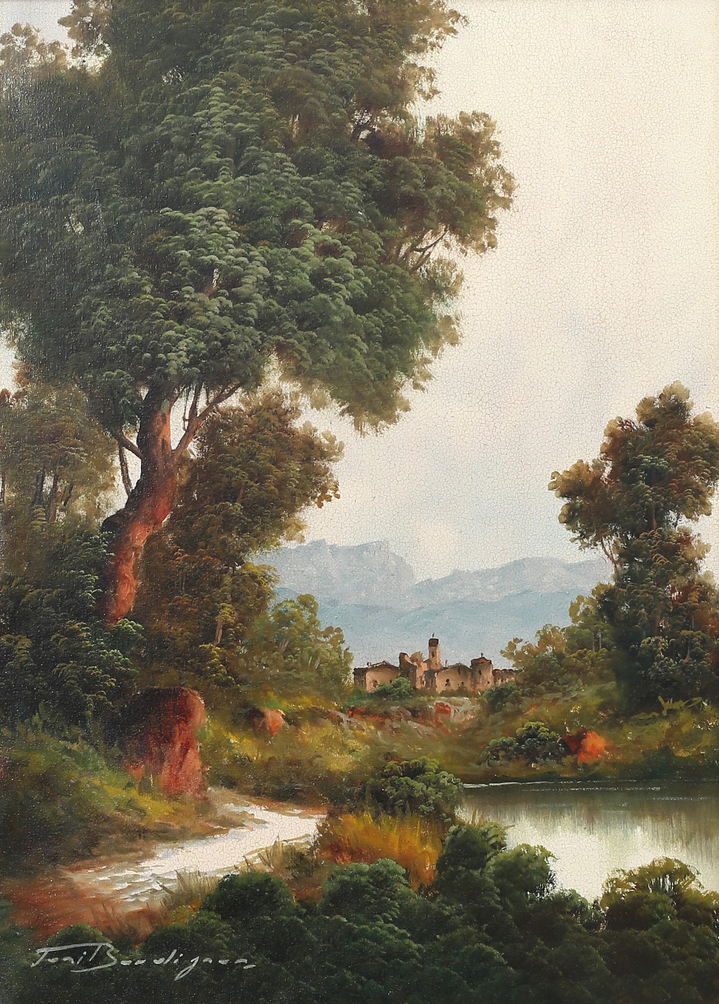 TONI BORDIGNON. (FÖDD 1921) Italienskt landskap med vattendrag och by, olja på duk, signerad.