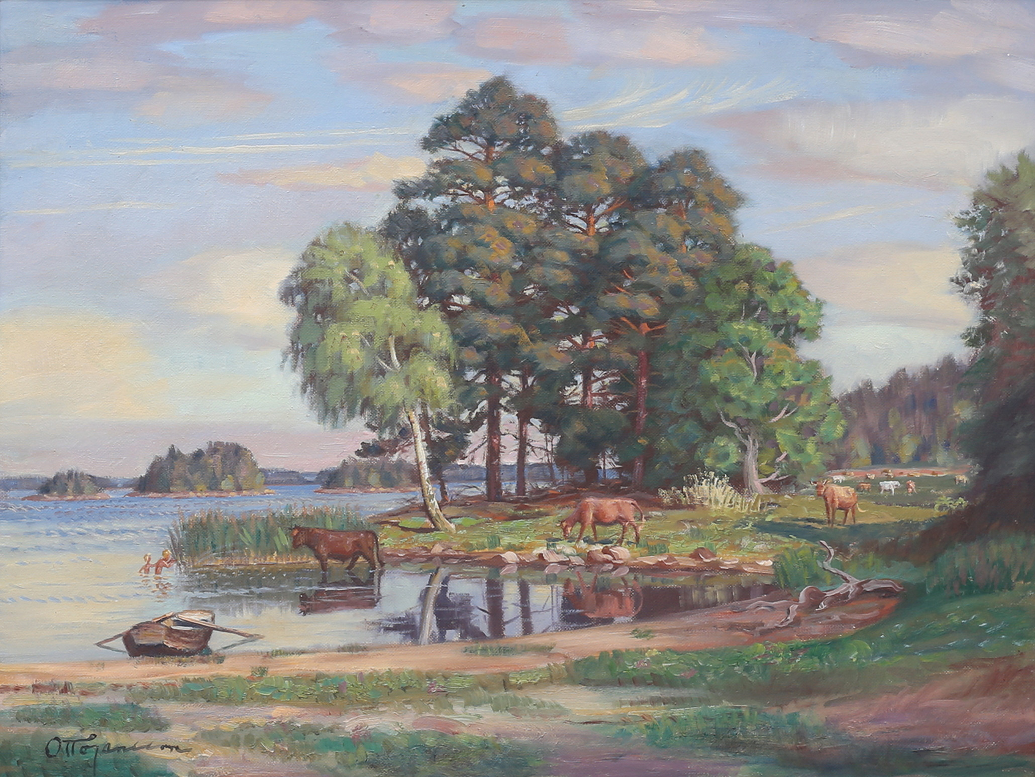OTTO JANSSON. Kor på strandäng, olja på pannå, signerad.