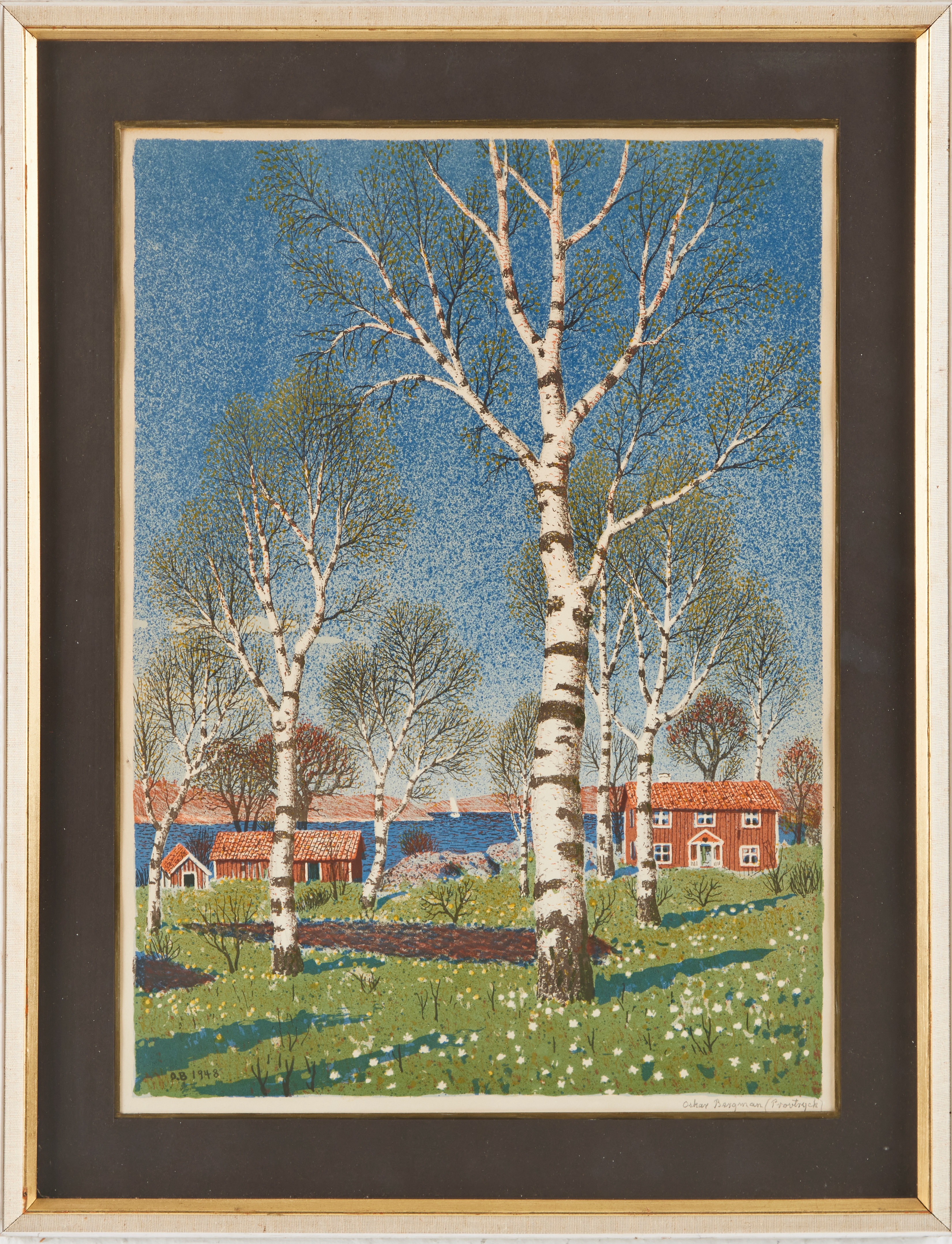 OSKAR BERGMAN. Vårmotiv med björkar, färglitografi, signerad i trycket och i blyerts, provtryck.