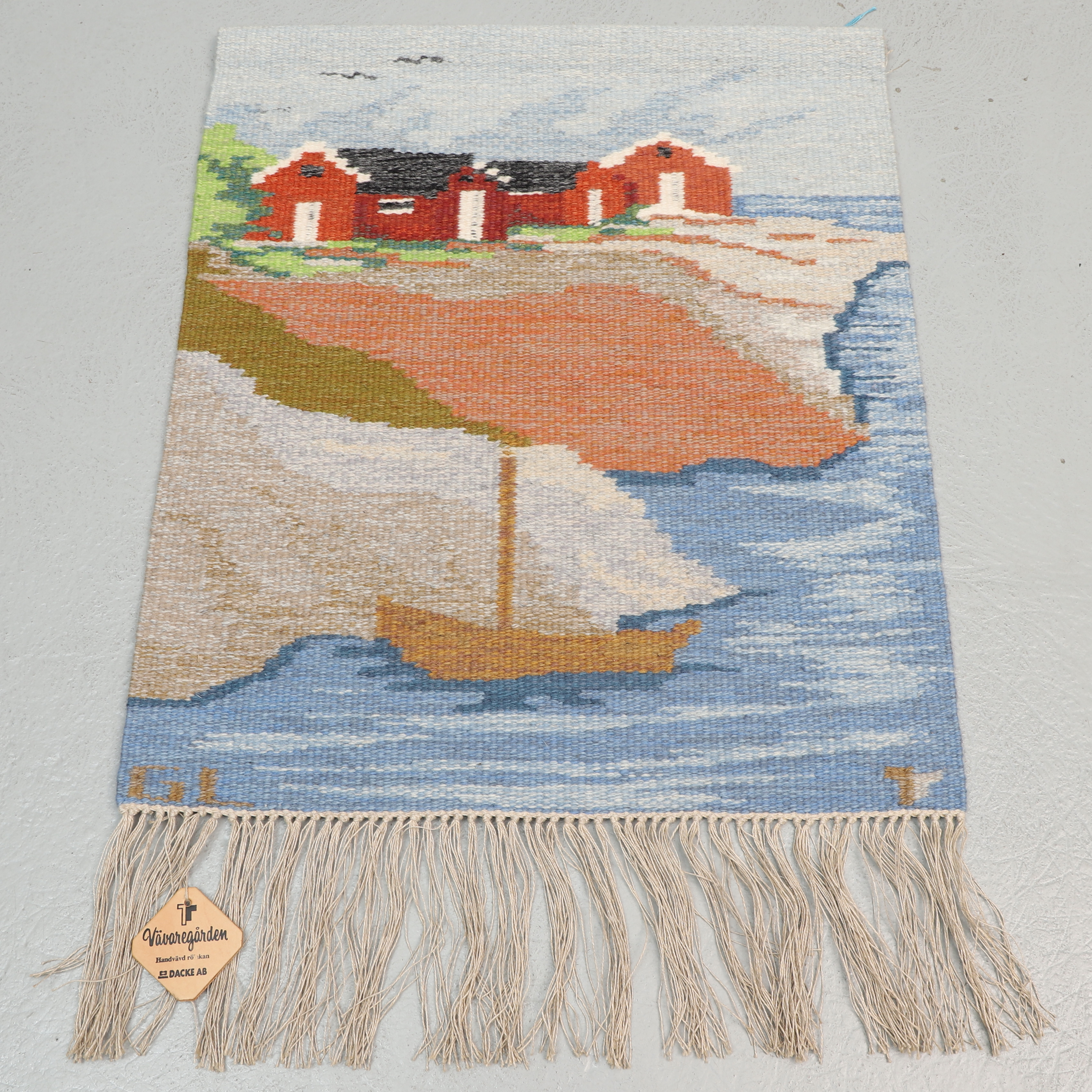 GERTIE LUNDBERG. Bonad, röllakan, "Skärgårdsmotiv", ca 75x65 cm, signerad, Jema, Vävaregården, Dacke AB.