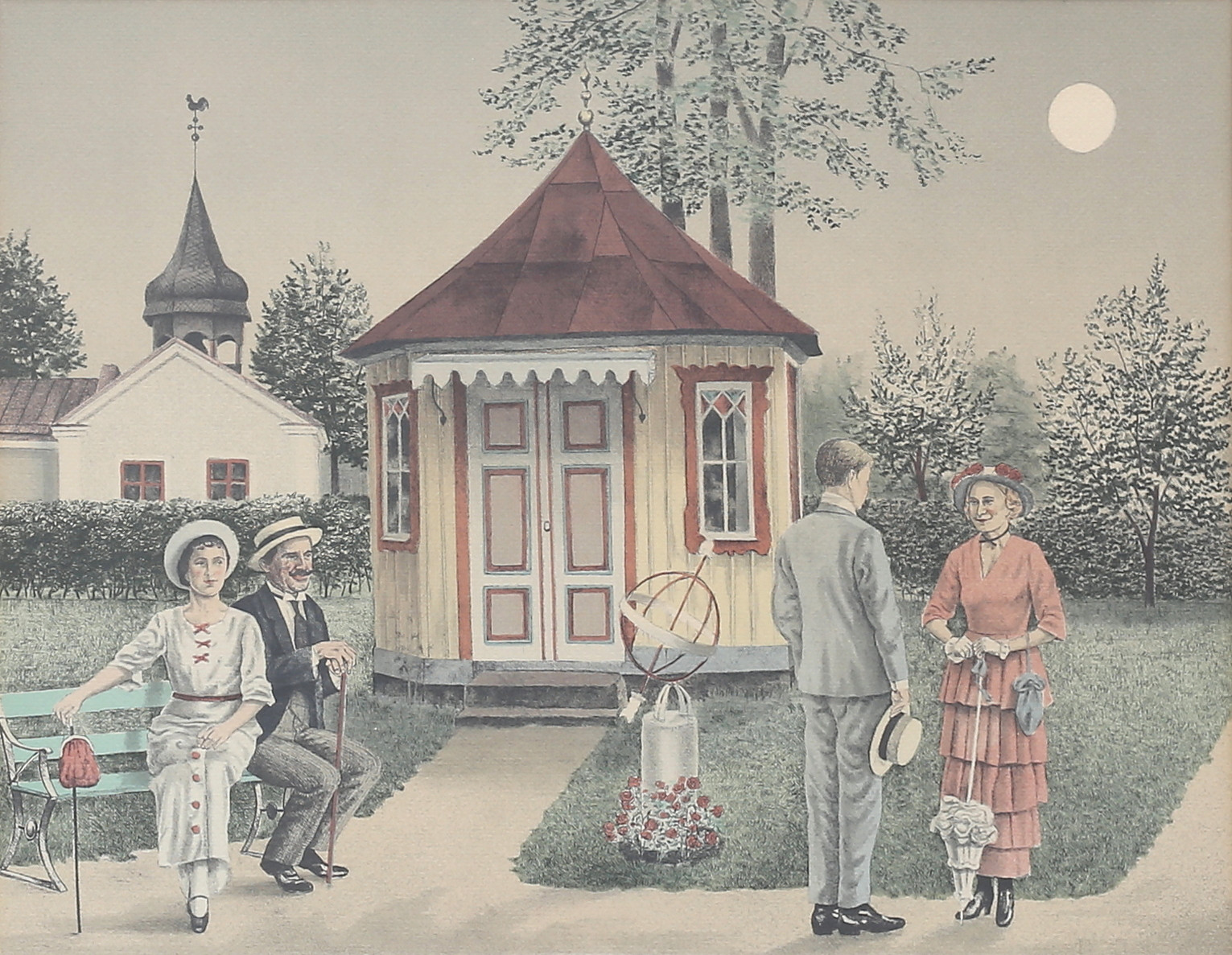 REINHOLD LJUNGGREN. Möte vid lusthus. Färglitografi, signerad och numrerad 15/50.