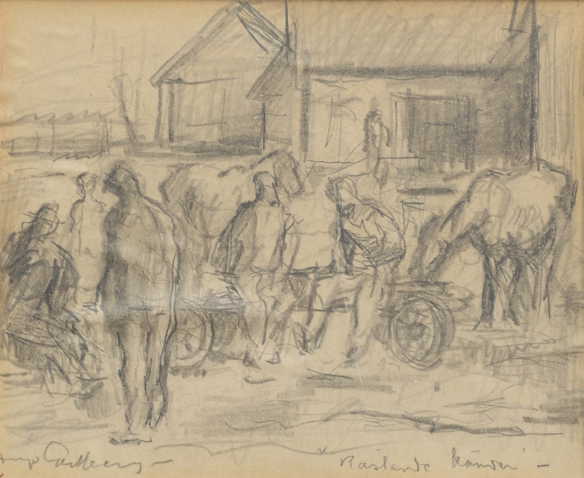 HUGO CARLBERG. Teckning, blyerts, figurscen på landet, signerad, 1800/1900-tal.