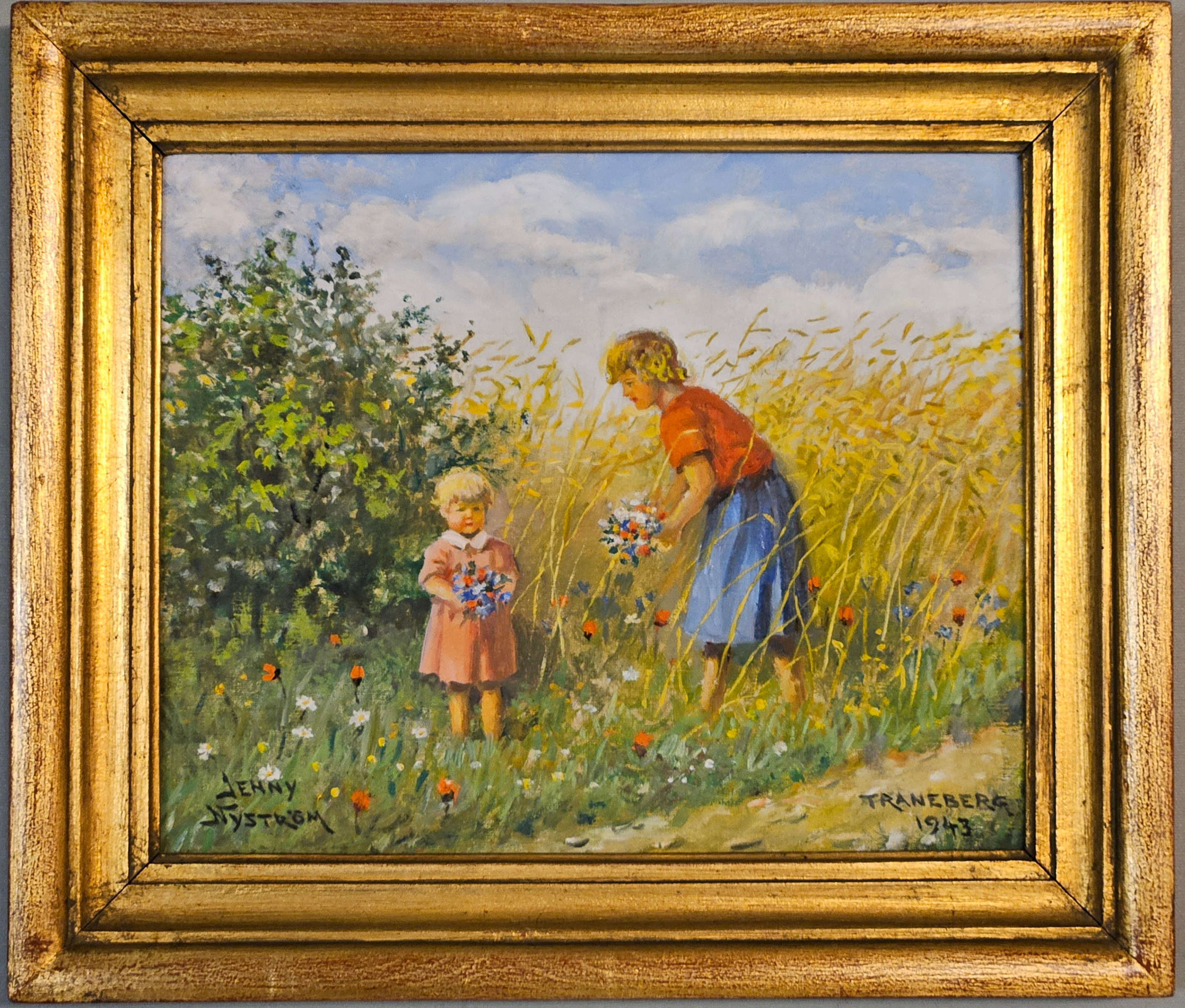 JENNY NYSTRÖM. Blomsterplockning. Olja på duk, signerad Jenny Nyström och daterad Traneberg 1943.
