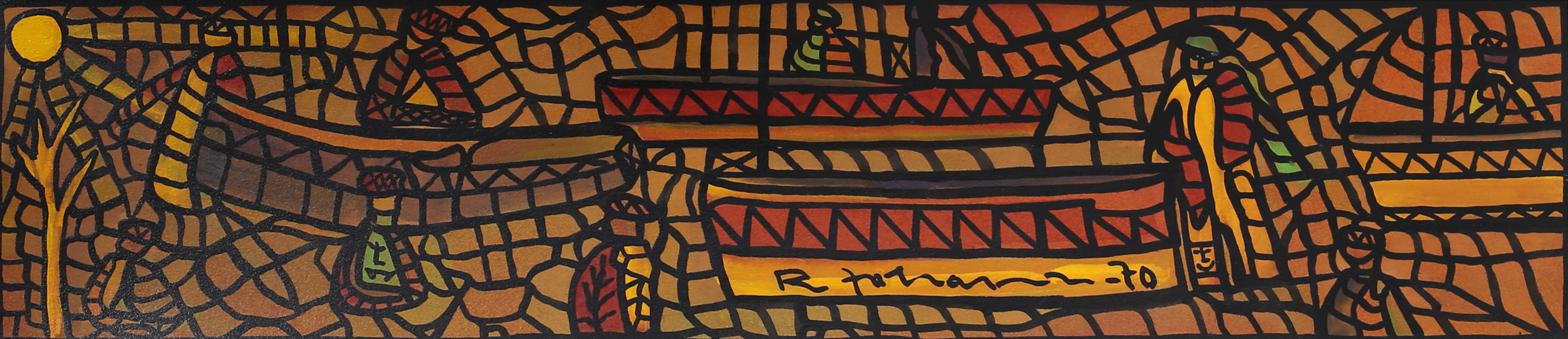 RAYMOND JOHANSSON. Fiskare, komposition, gouache på pappannå, signerad.
