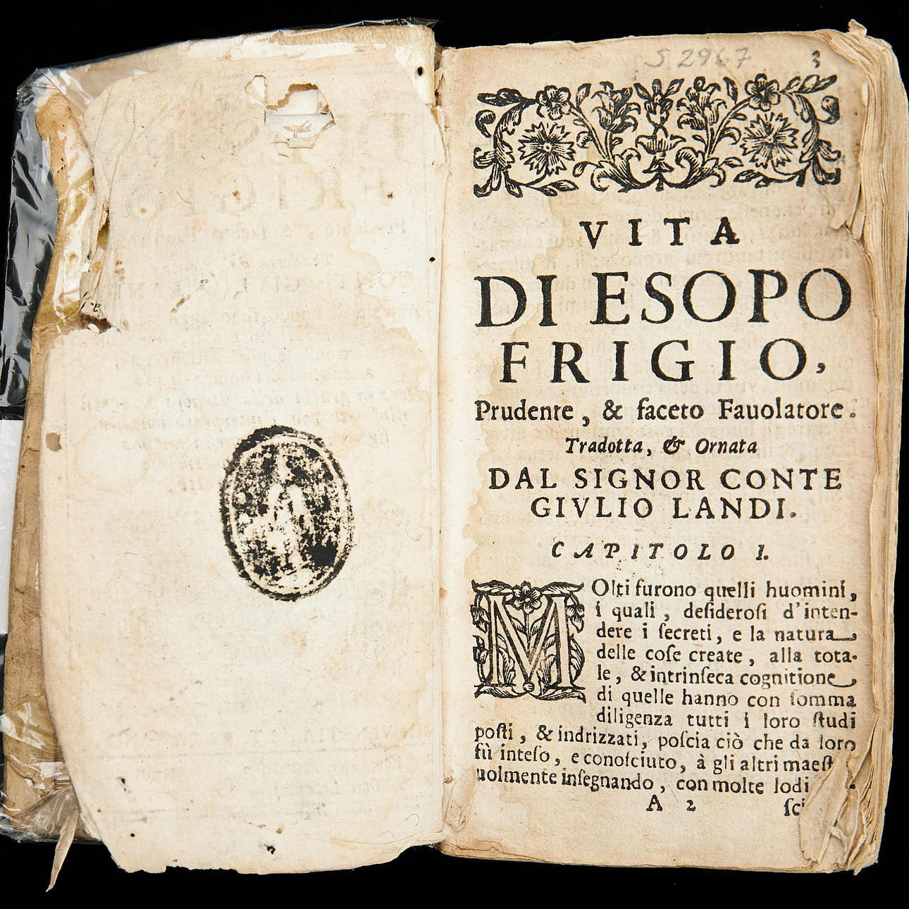 Vita di Esopo Frigio, Favole di Esopo Frigio Aisopos liv och hans fabler, pergamentband.