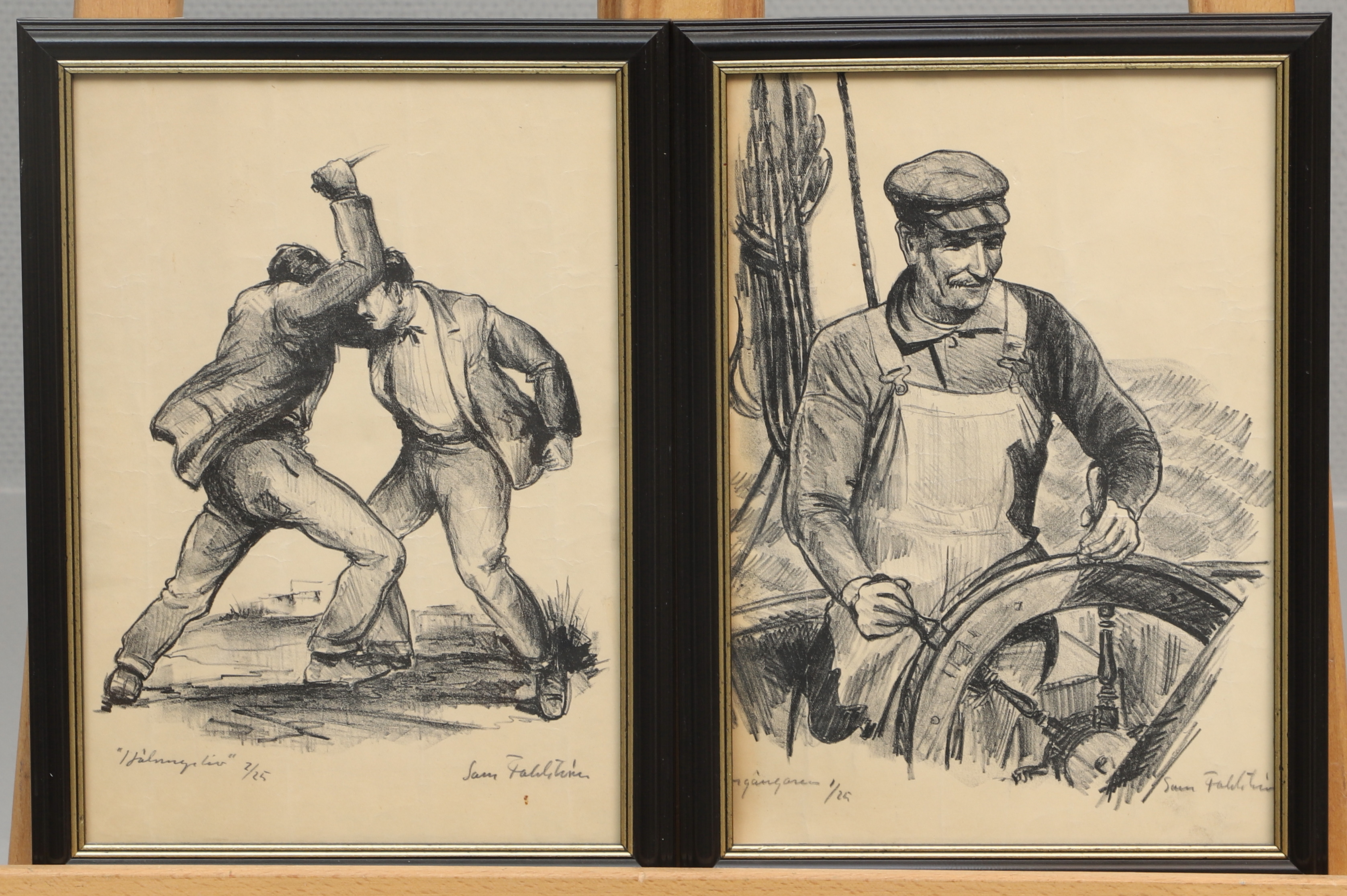 SAM FAHLSTRÖM. Tryck, 2 st, figurscener, numrerade 1/25 och 2/25, signerade.