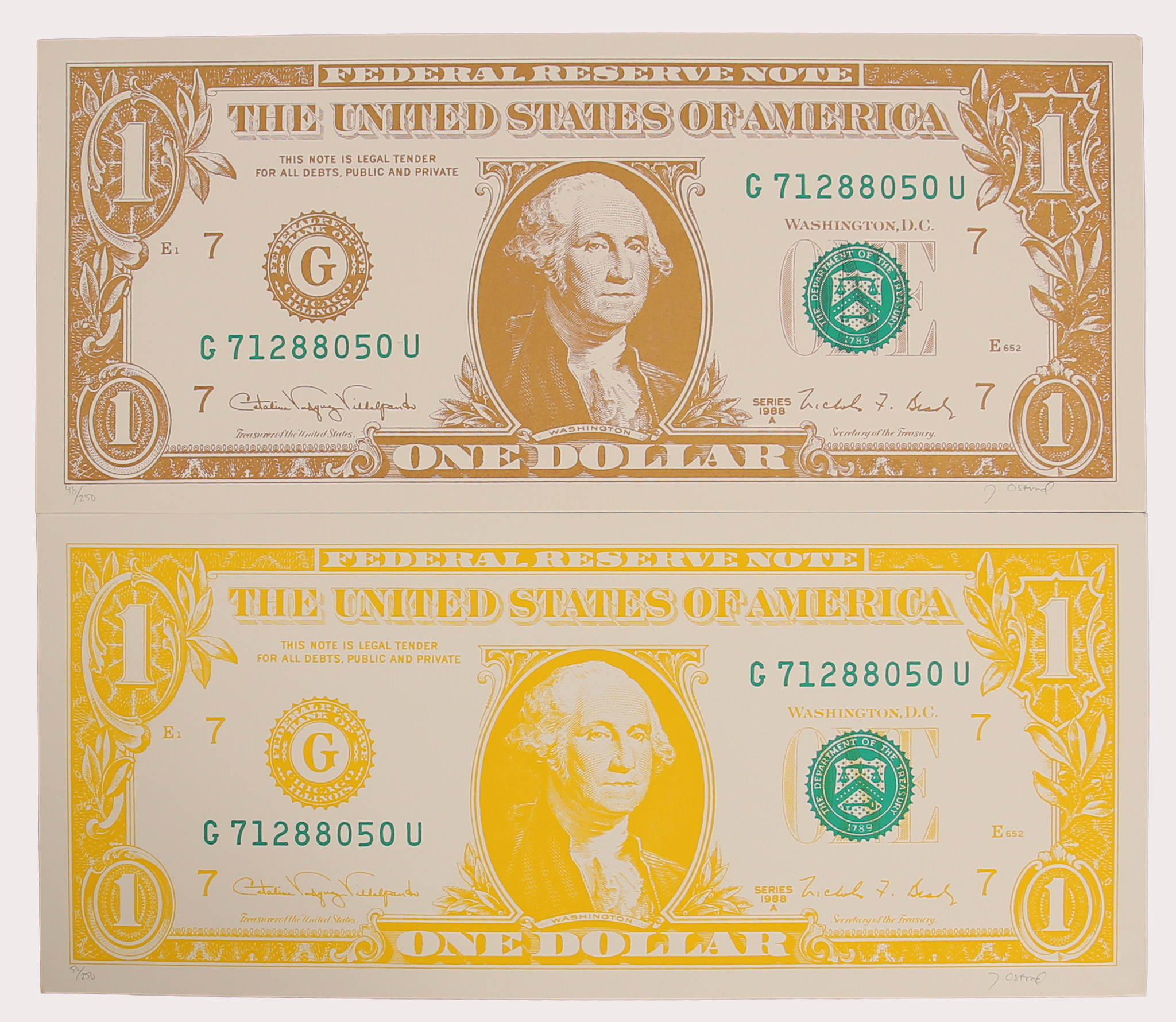 OIDENTIFIERAD KONSTNÄR. Färglitografier, 2 st., "One Dollar", brun rsp. gul, numrerade, 48/250 rsp 50/250 signerad J Ostred.