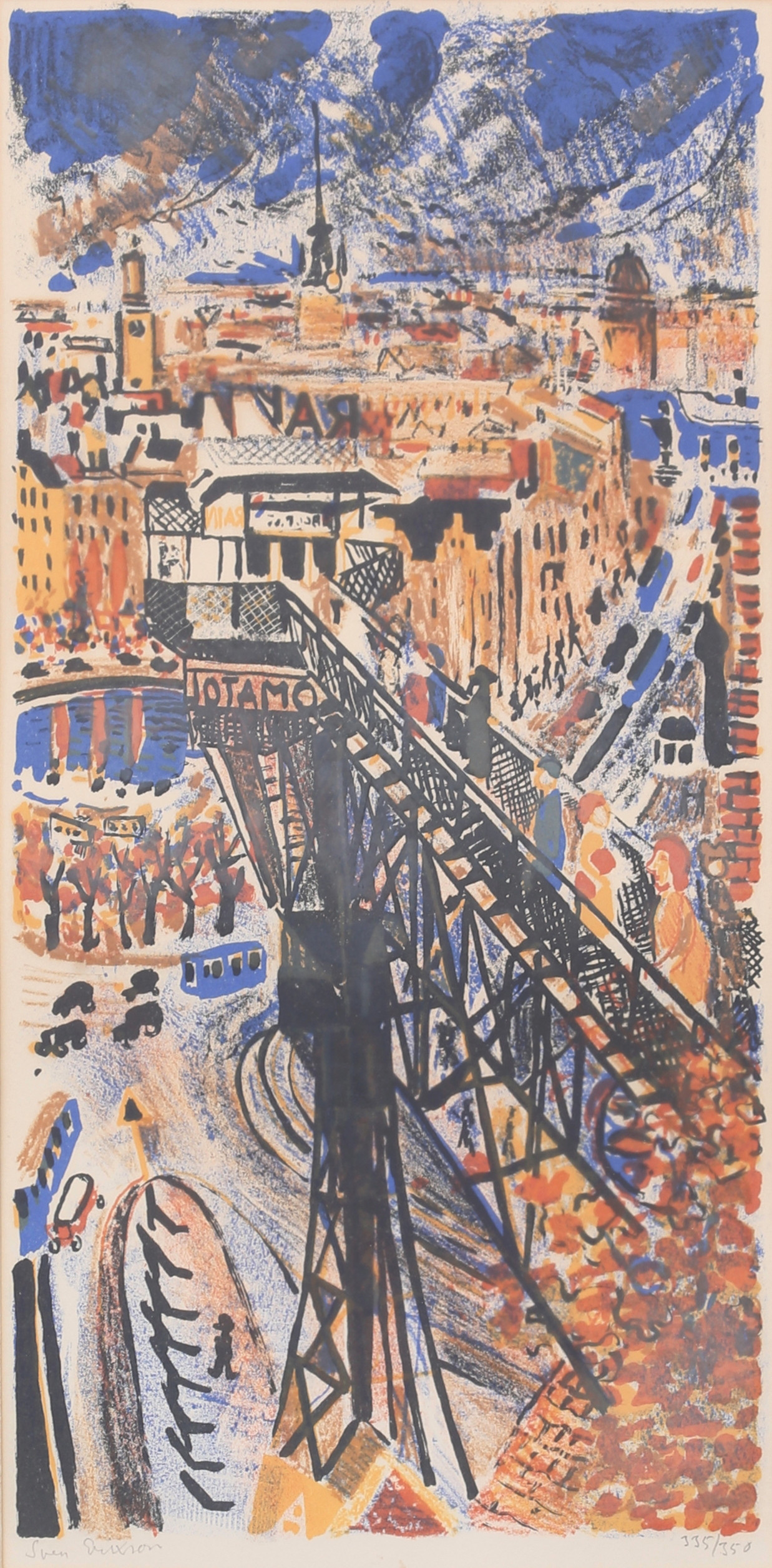 SVEN X:ET ERIXSON. Katarinahissen och slussen. Färglitografi, signerad och numrerad 335/350.