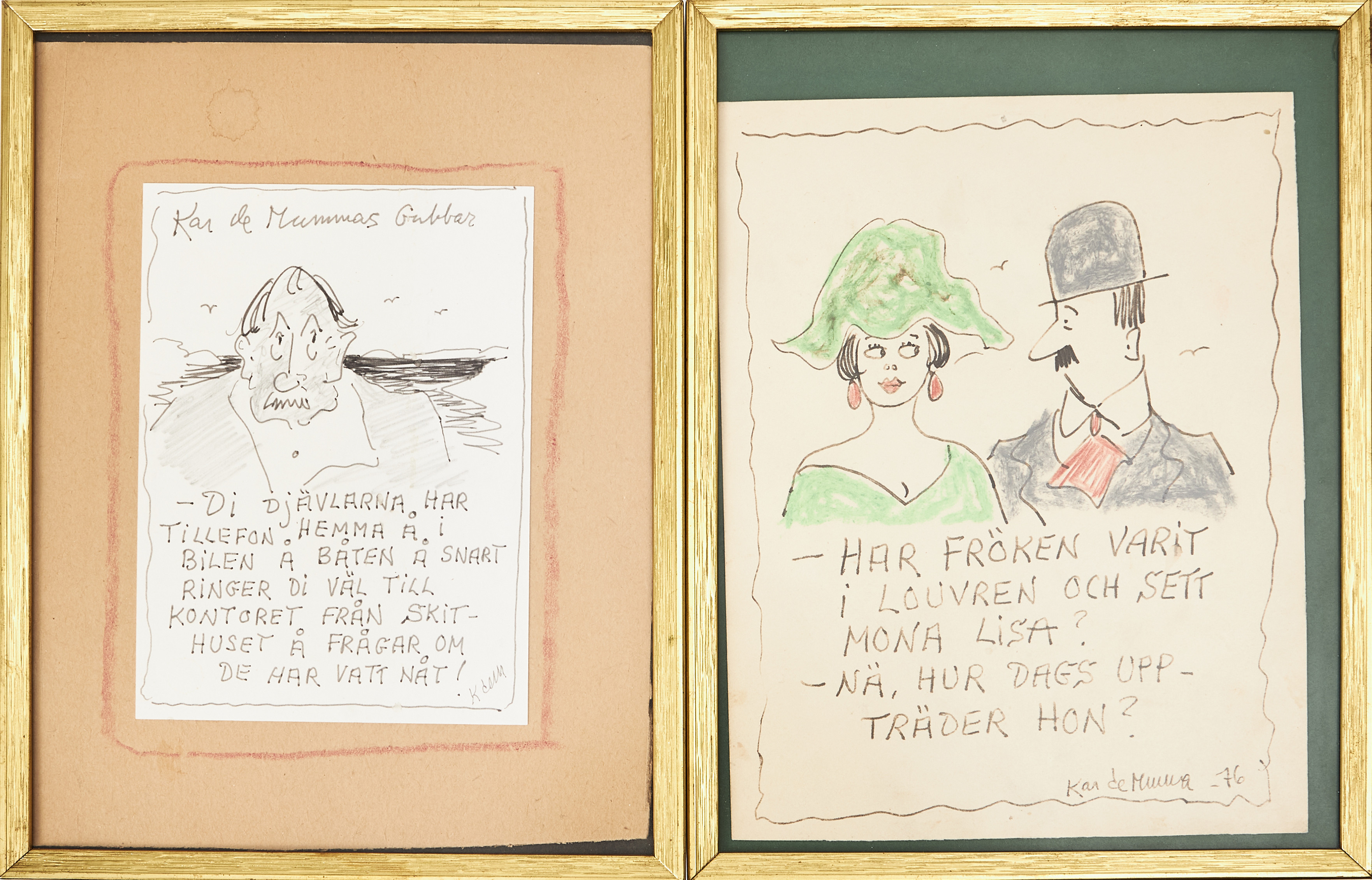 ERIK ZETTERSTRÖM. (Kar de Mumma, 1904-1997), 2 st teckningar, figurscener, signerade samt ena daterade -76.