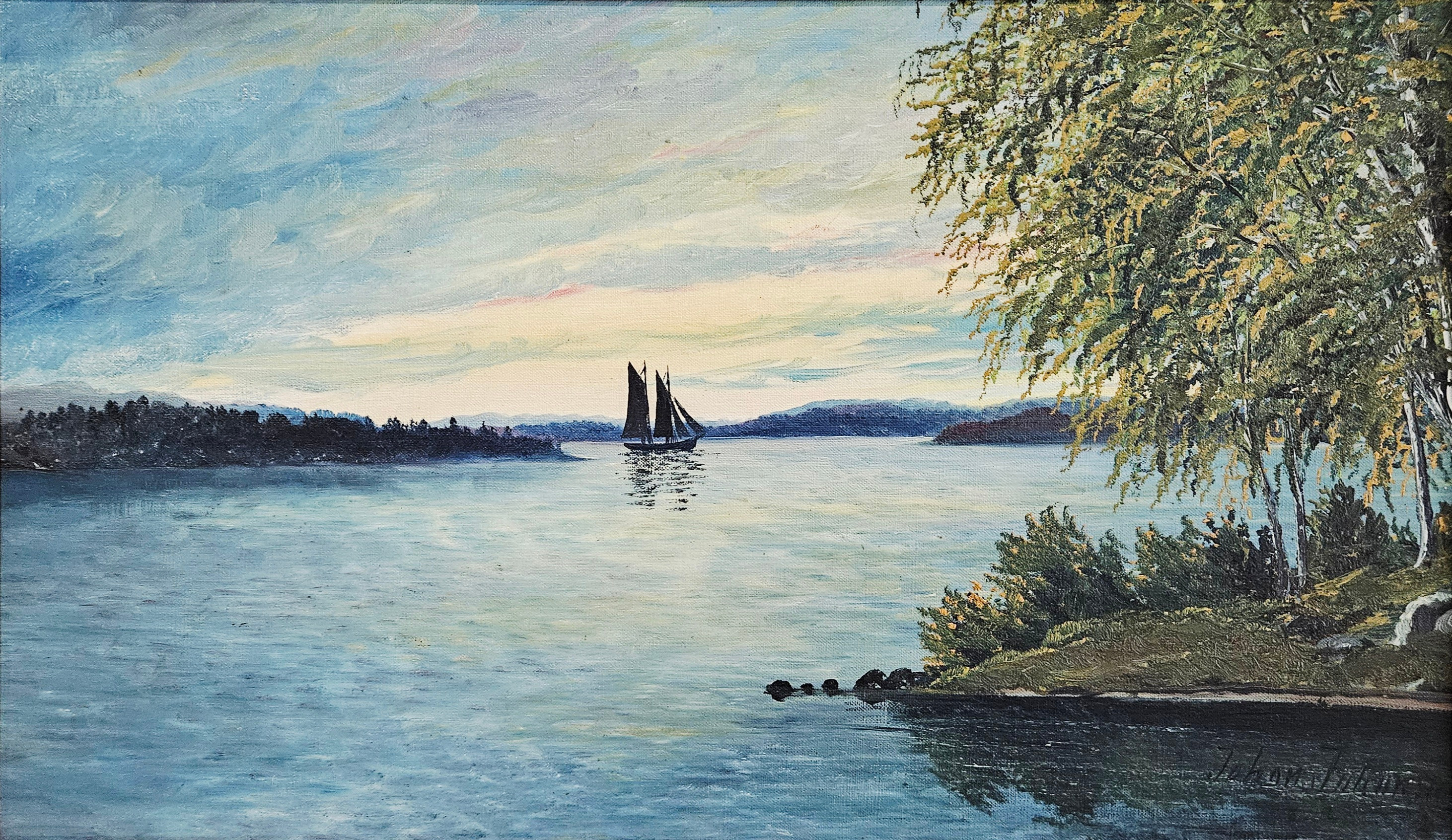 JOHAN JOHANSON. Landskap med segelbåt. Olja på duk, signerad Johan Johanson.