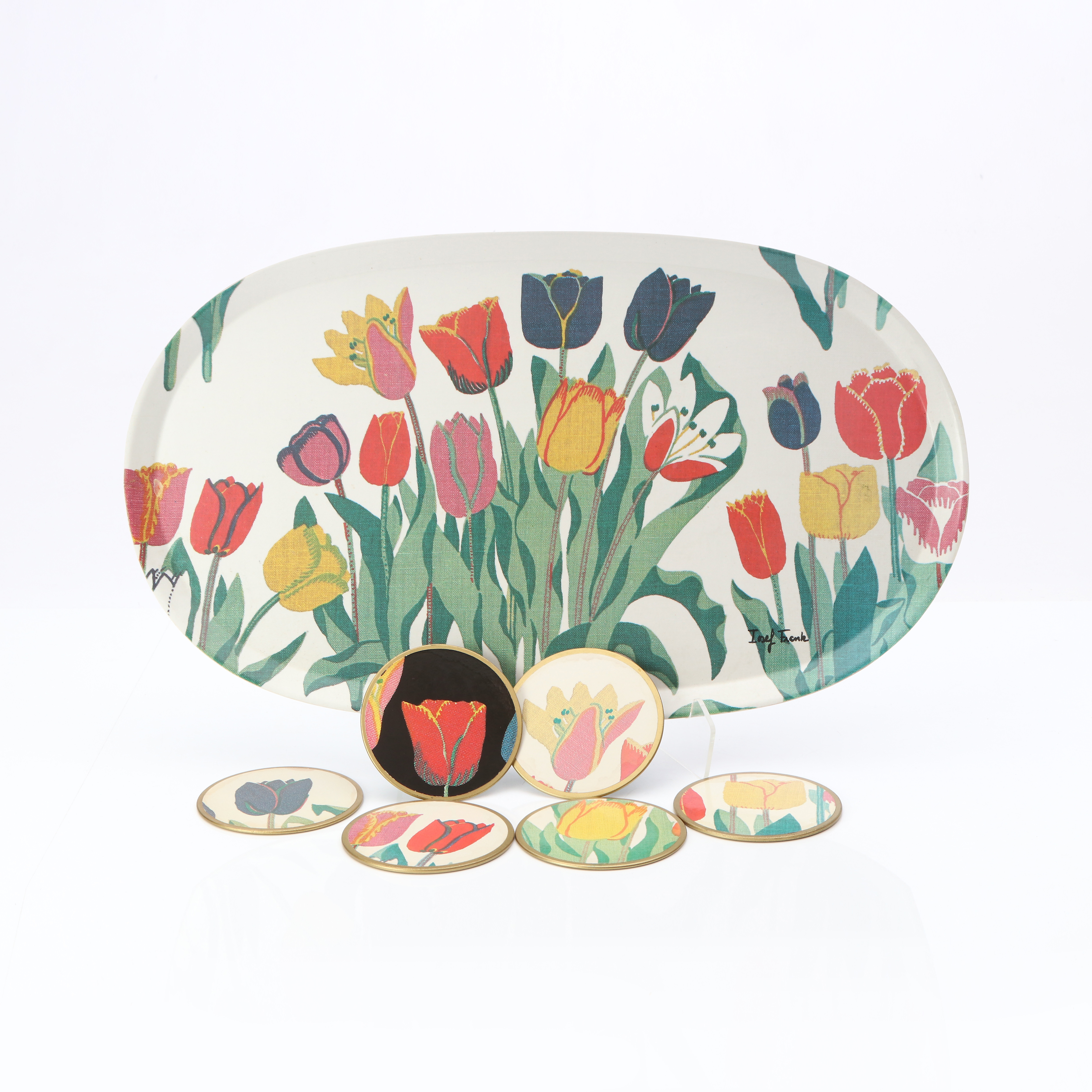 JOSEF FRANK. BRICKA OCH SEX ST COASTERS. Laminat. Svenskt Tenn. 1900-talets andra hälft.