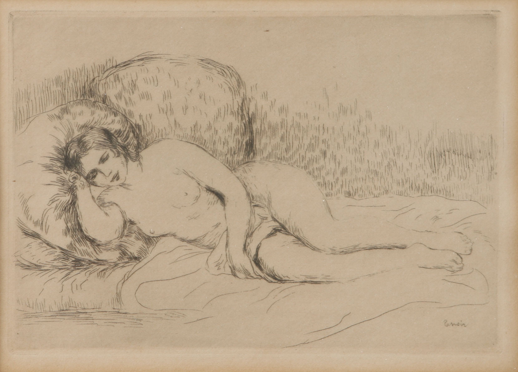 AUGUSTE RENOIR. "Femme nue couchée (tournée à gauche)". Etsning/torrnål. Utförd omkring 1906.