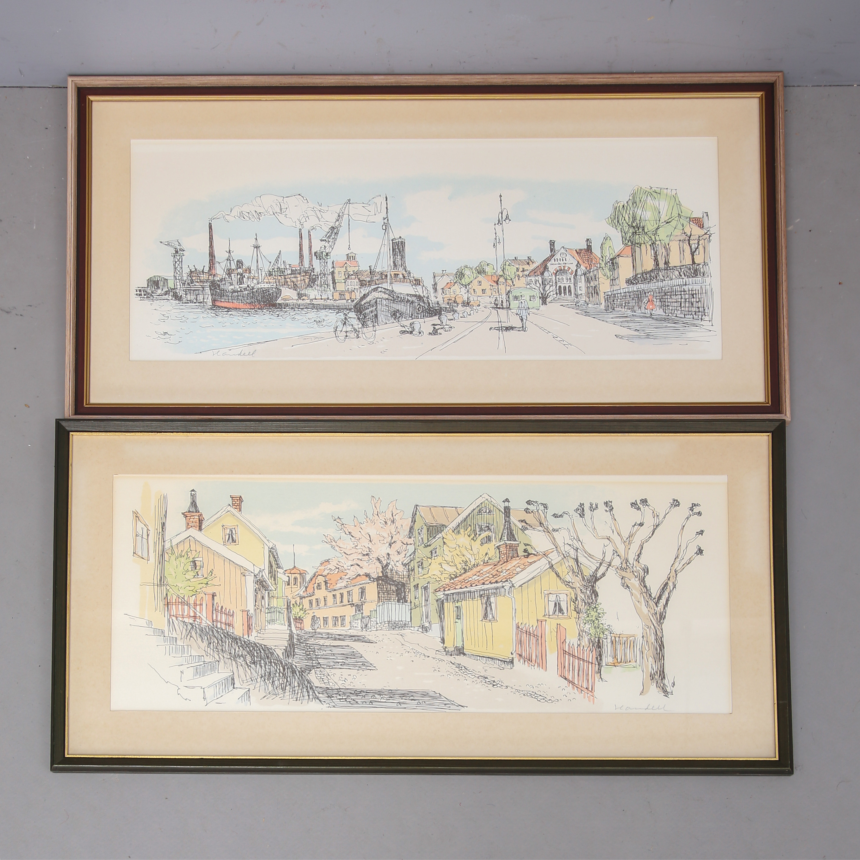 BERNHARD HANDELL. Skeppsbron samt Besväret, Oskarshamn, 2 st färglitografi, signerade.