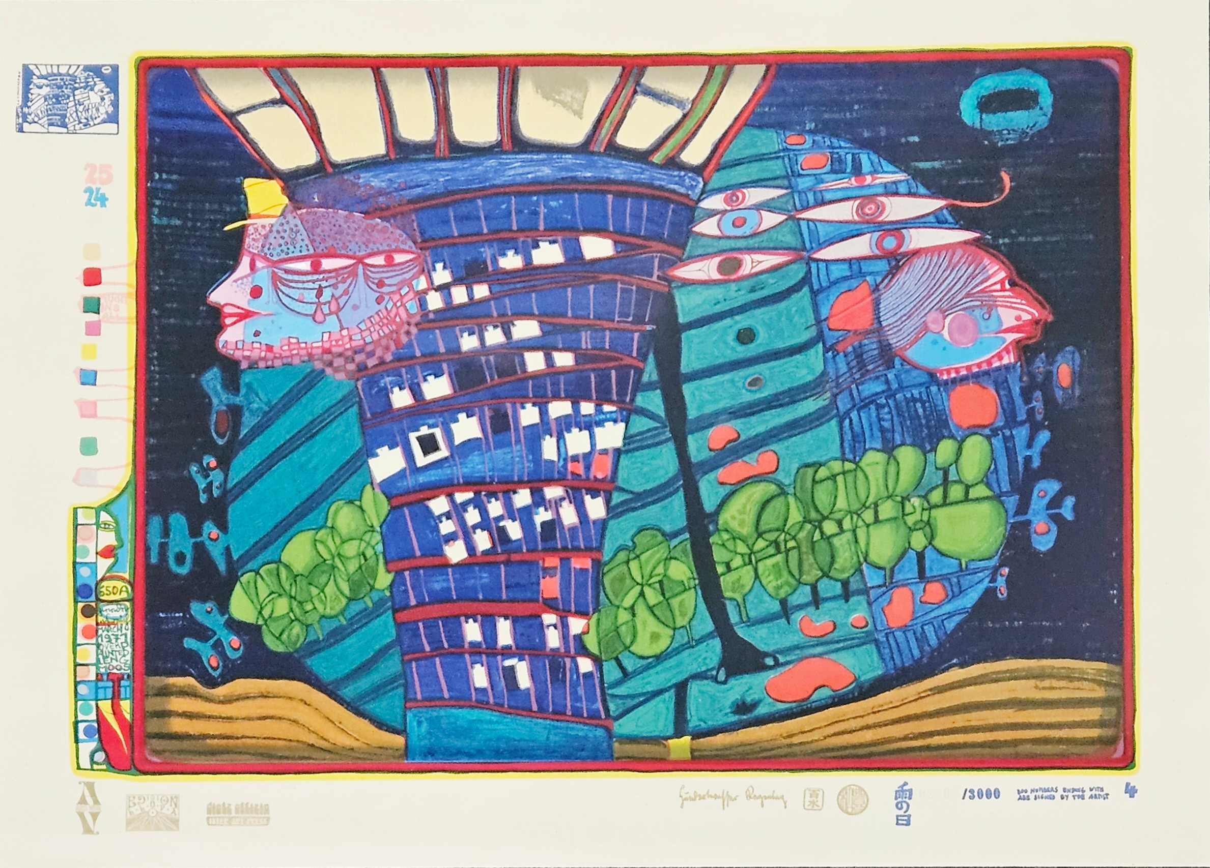 FRIEDENSREICH HUNDERTWASSER. "Flucht ins all". Färgserigrafi med metallprägling, ur "Regentag", numrerad 02302/3000.