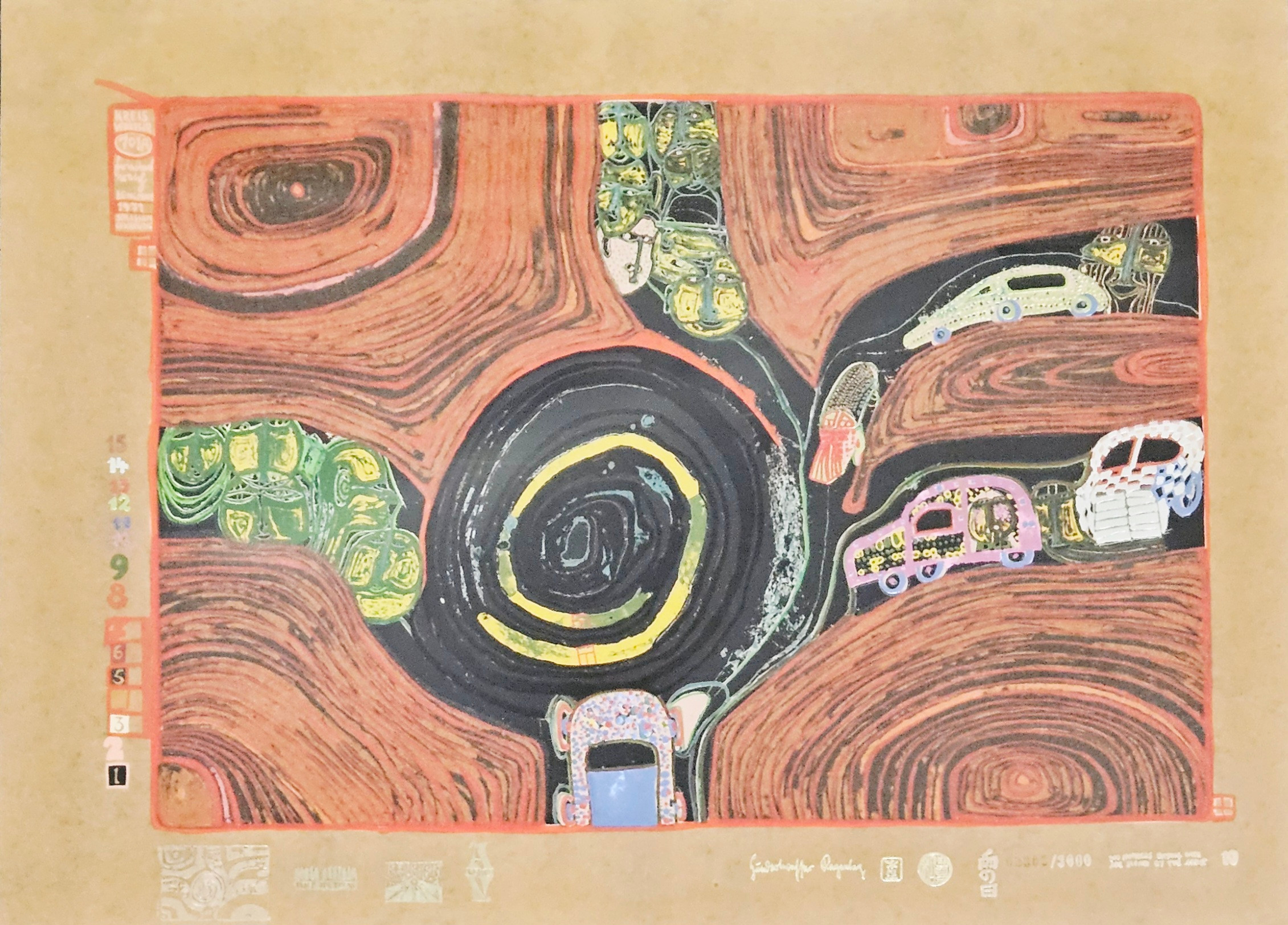 FRIEDENSREICH HUNDERTWASSER. "Crusade of the Crossroaders". Färgserigrafi med metallprägling, ur "Regentag", numrerad 02302/3000.