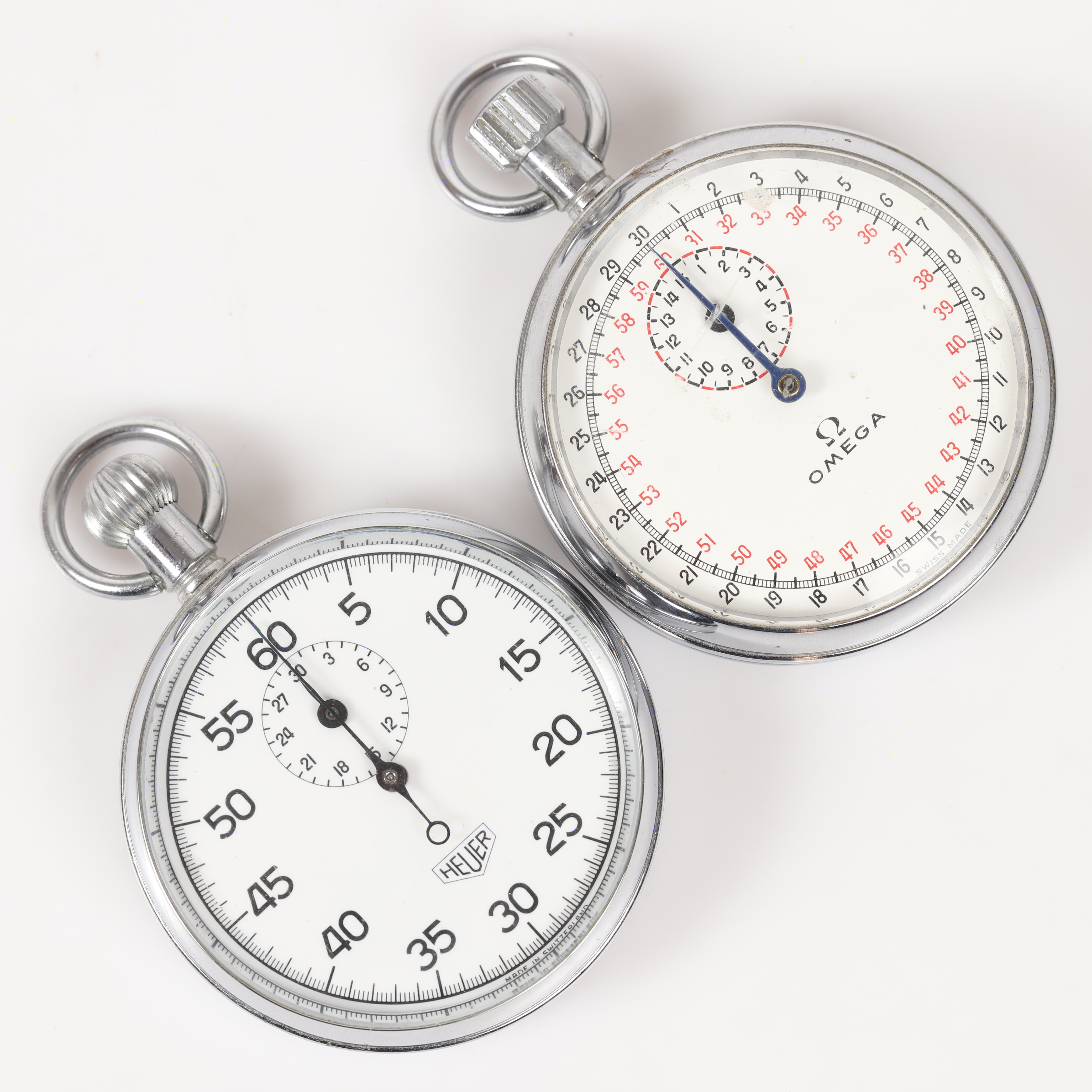 TIDTAGARUR/STOPPUR, 2 stycken, Omega samt Heuer, stål.