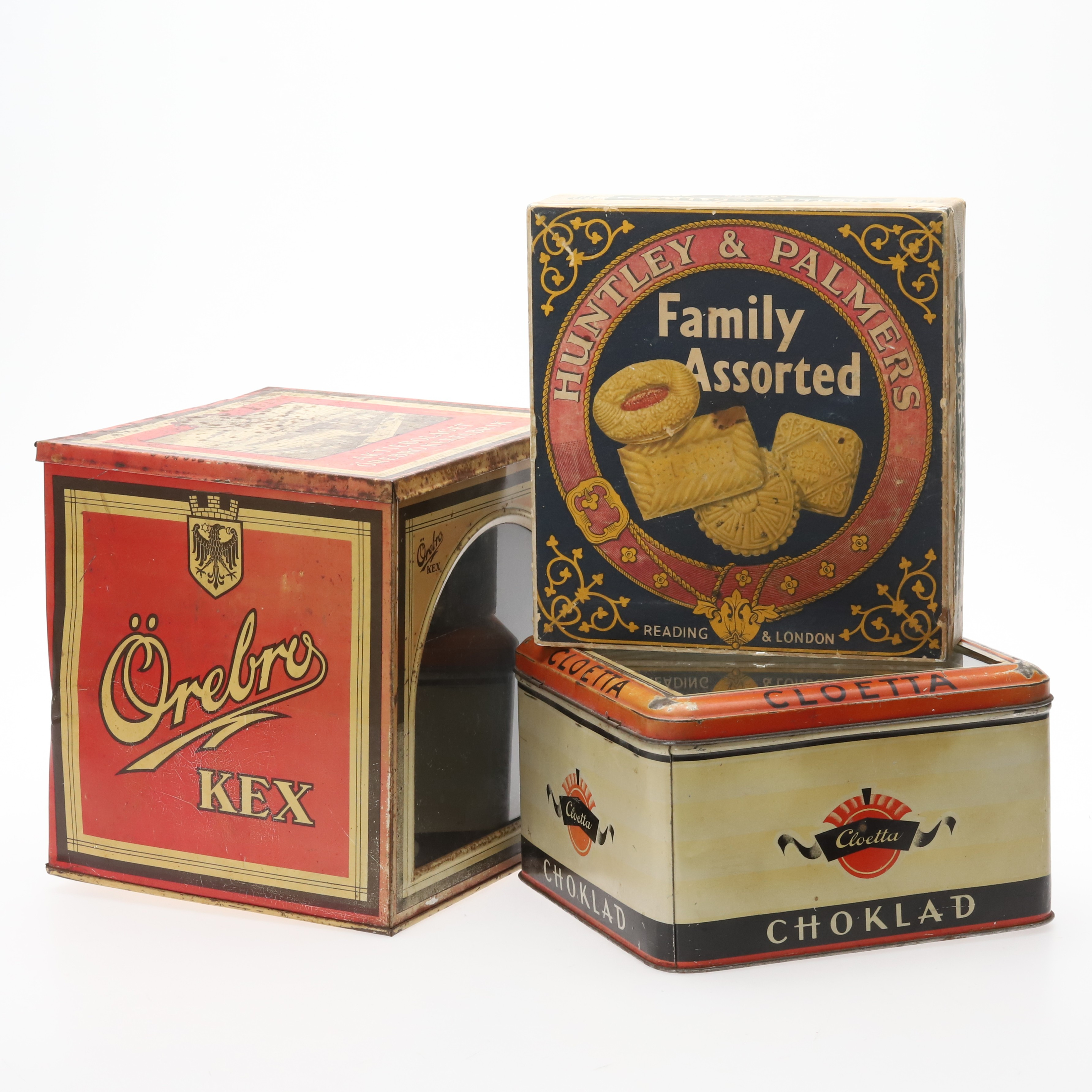 PLÅTBURKAR, "Örebro Kex, Cloetta, Huntley & Palmers", metall/glas, 1900-talets första del.