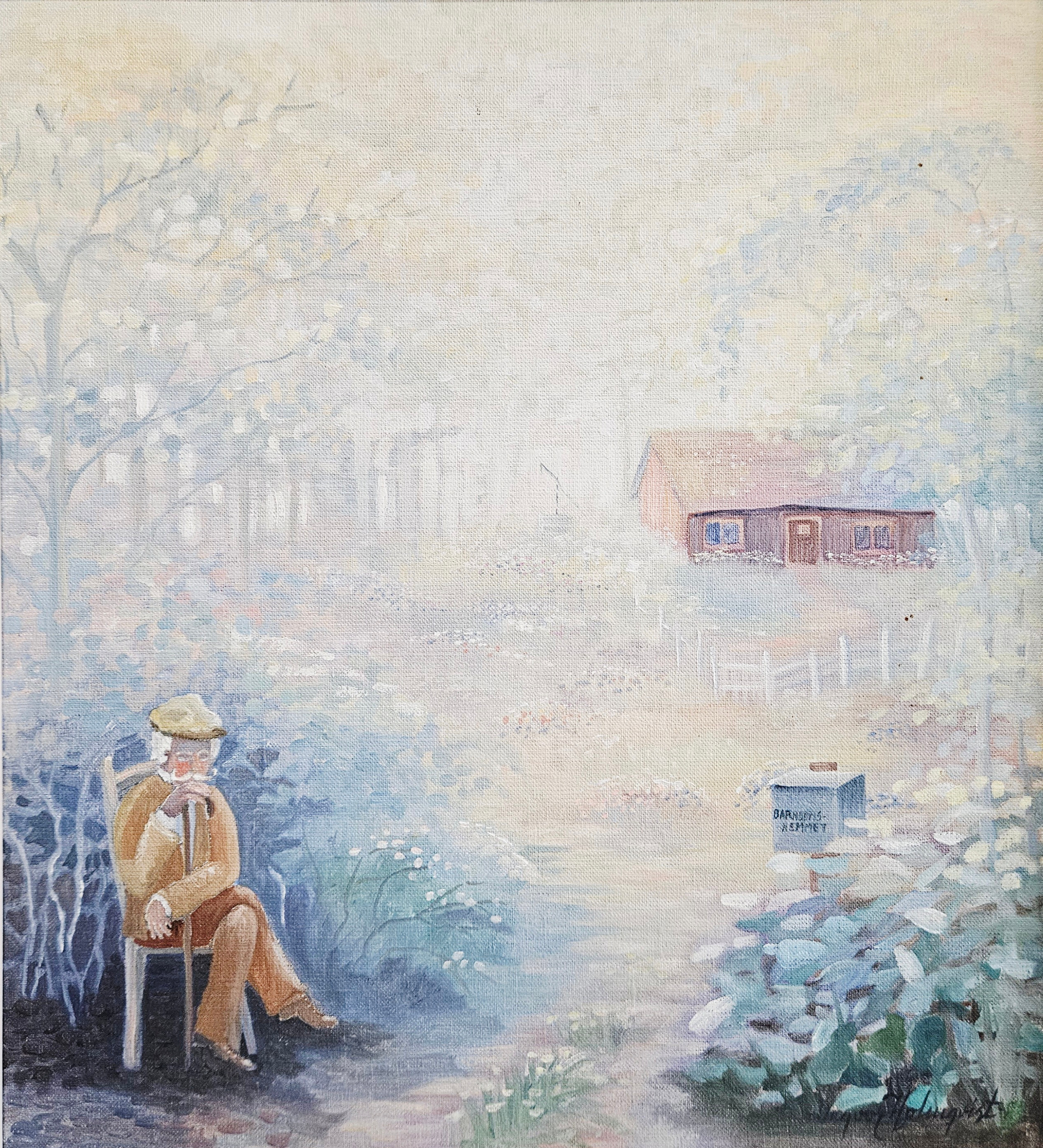 INGVOR HOLMQVIST. "Barndomshemmet". Olja på duk, signerad Ingvor Holmqvist.