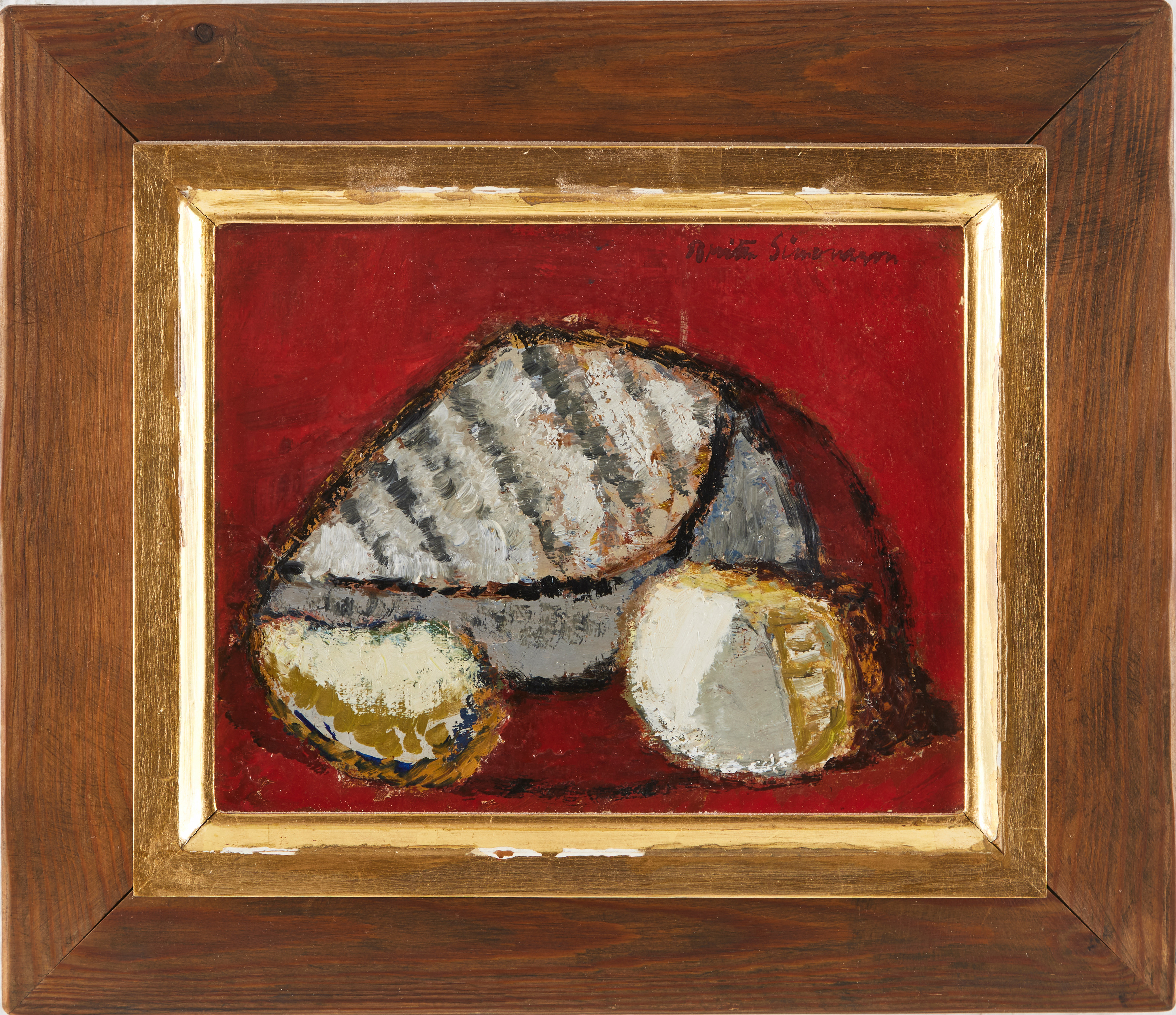 BRITTA SIMONSSON (1911-1993) "Snäckor mot rött" oljemålning på duk,signerad.