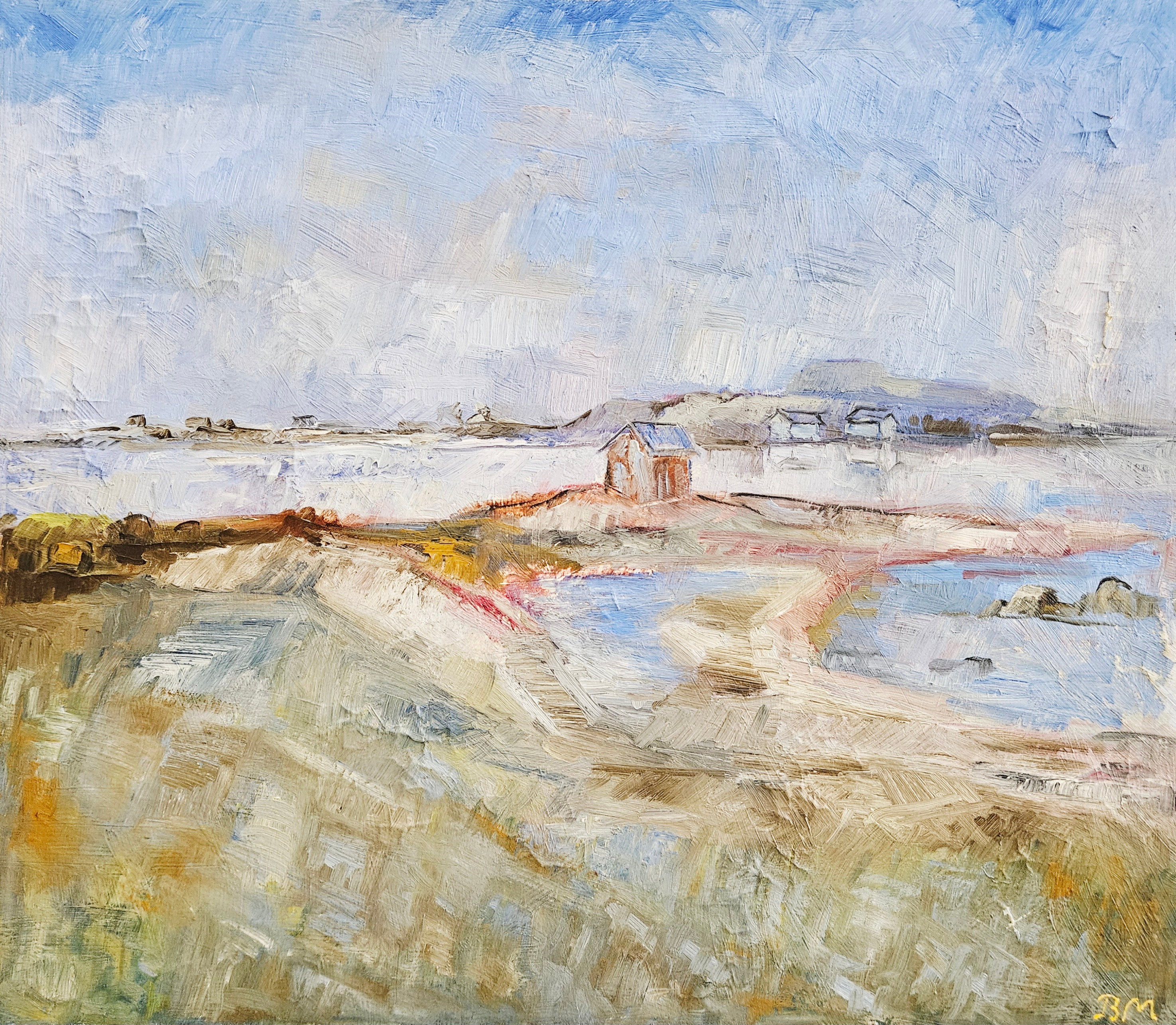 BÖRJE MARTINSSON. "Fiskebod vid sjön, Gotland". Olja på duk, signerad BM.