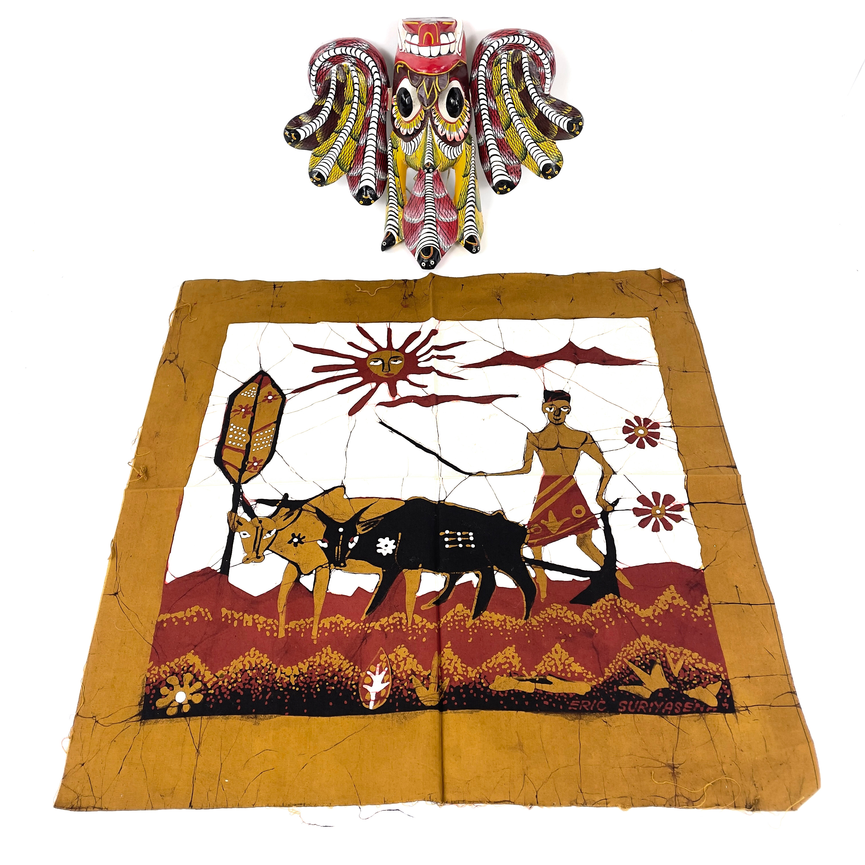 BATIK samt MASK, batik design Eric Suriyasena (f. 1922), Plöjande oxar, signerad i trycket, Batiks by Eric, Sri Lanka.