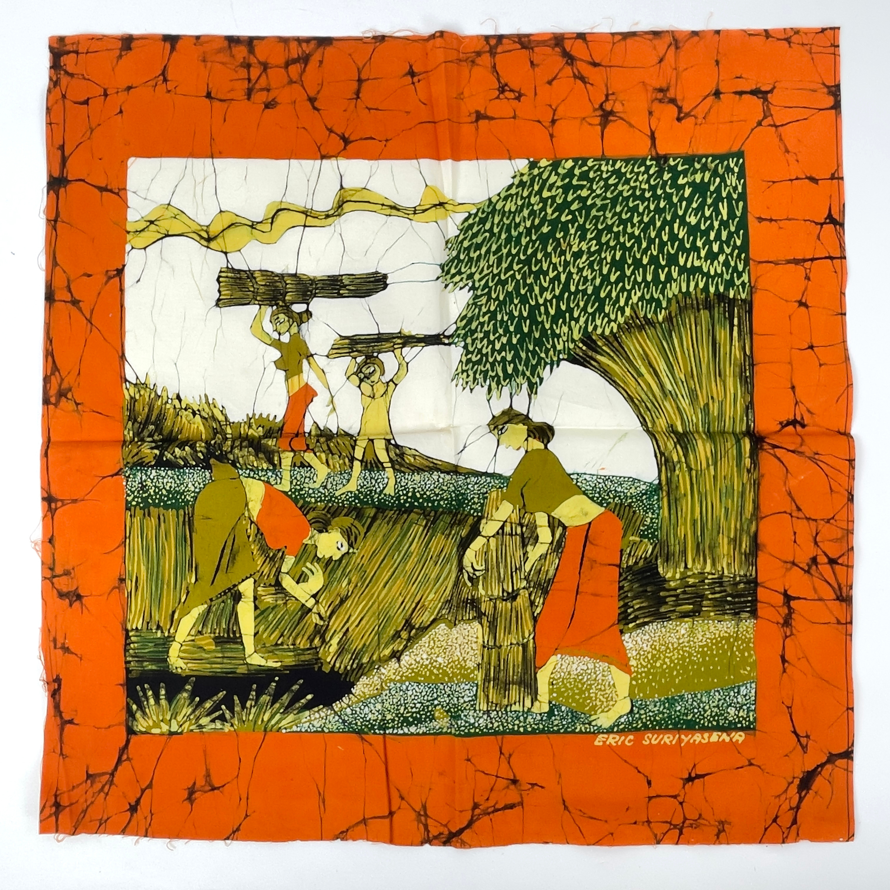 ERIC SURIYASENA (f. 1922), batikkonst, Skördande kvinnor, signerad i trycket, Batiks by Eric, Sri Lanka.