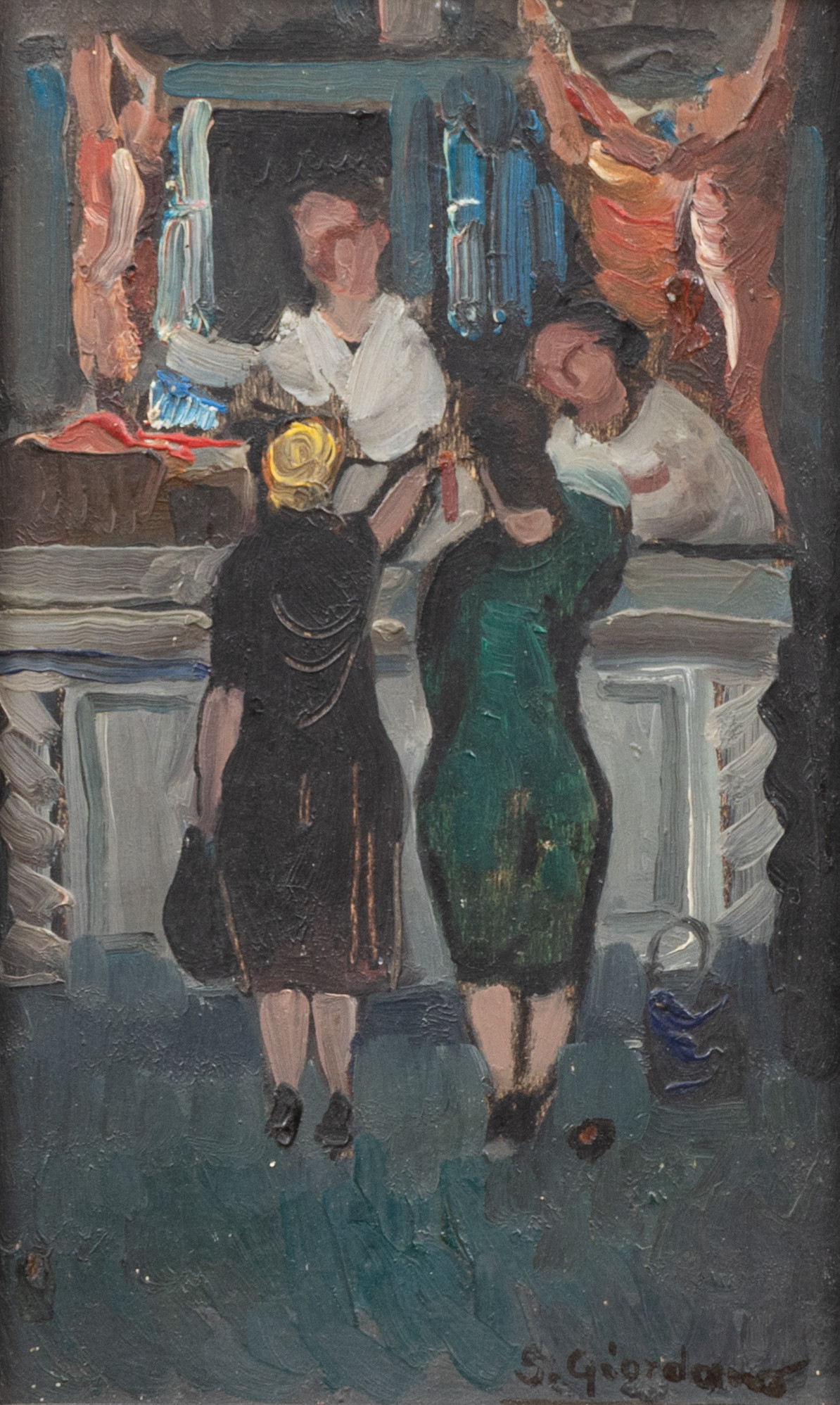 OIDENTIFIERAD KONSTNÄR (ITALIEN, 1900-TAL. Hos slaktaren, olja på pannå, otydligt signerad S Giordano och daterad -65.