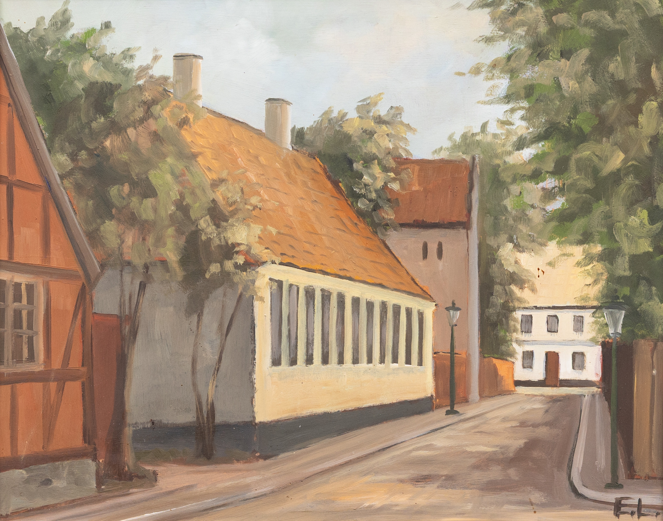 KARL-ERIK ”LEDDE” LUNDBERG (1926–1992). Adelgatan, Lund, olja på pannå, signerad.