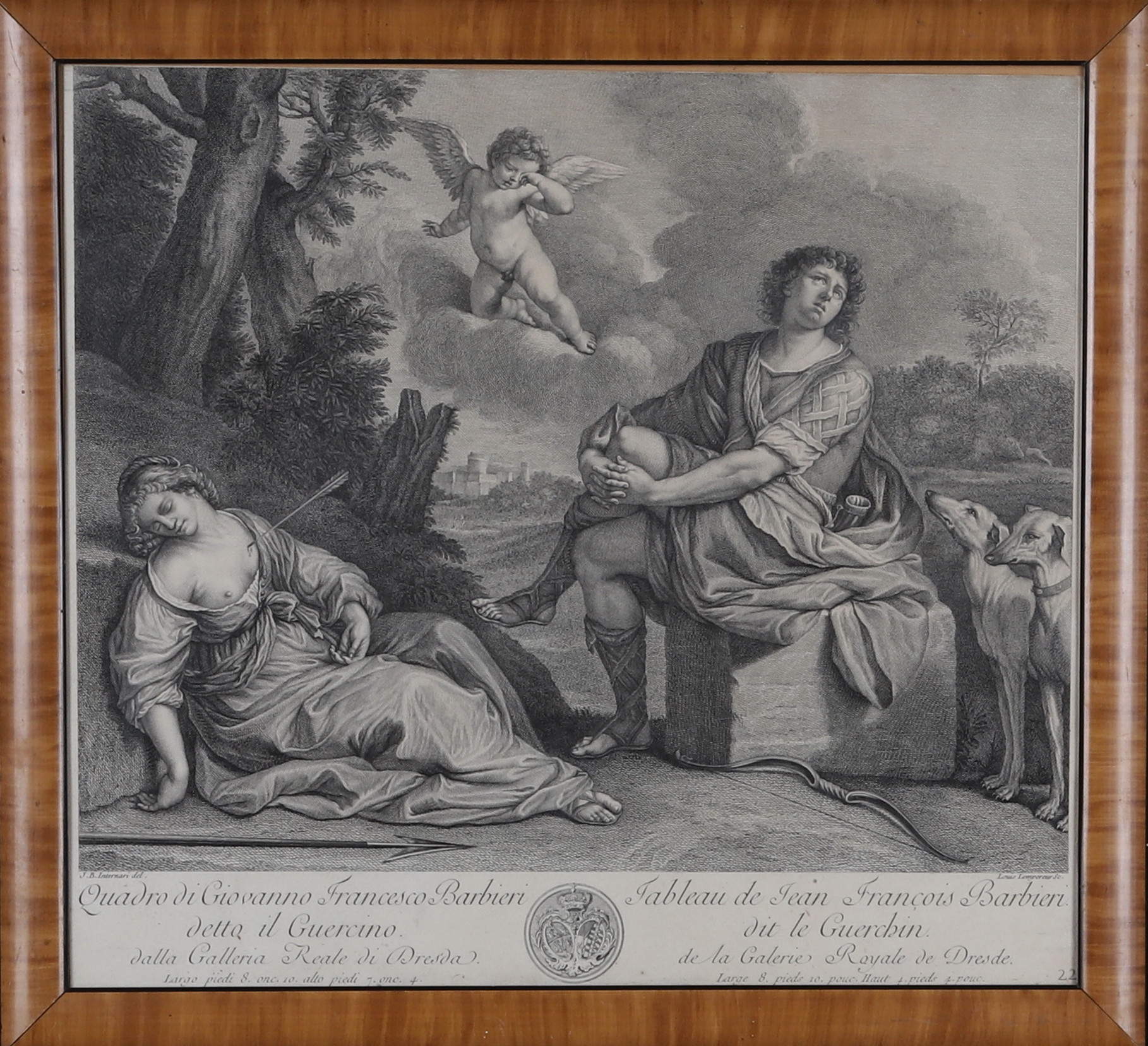 GIOVANNI FRANCESCO BARBIERI (1591-1666). efter, Kopparstick, kephalos och prokris, Louis Simon Lempereur ( 1728-1807), plåt utförd 1753.