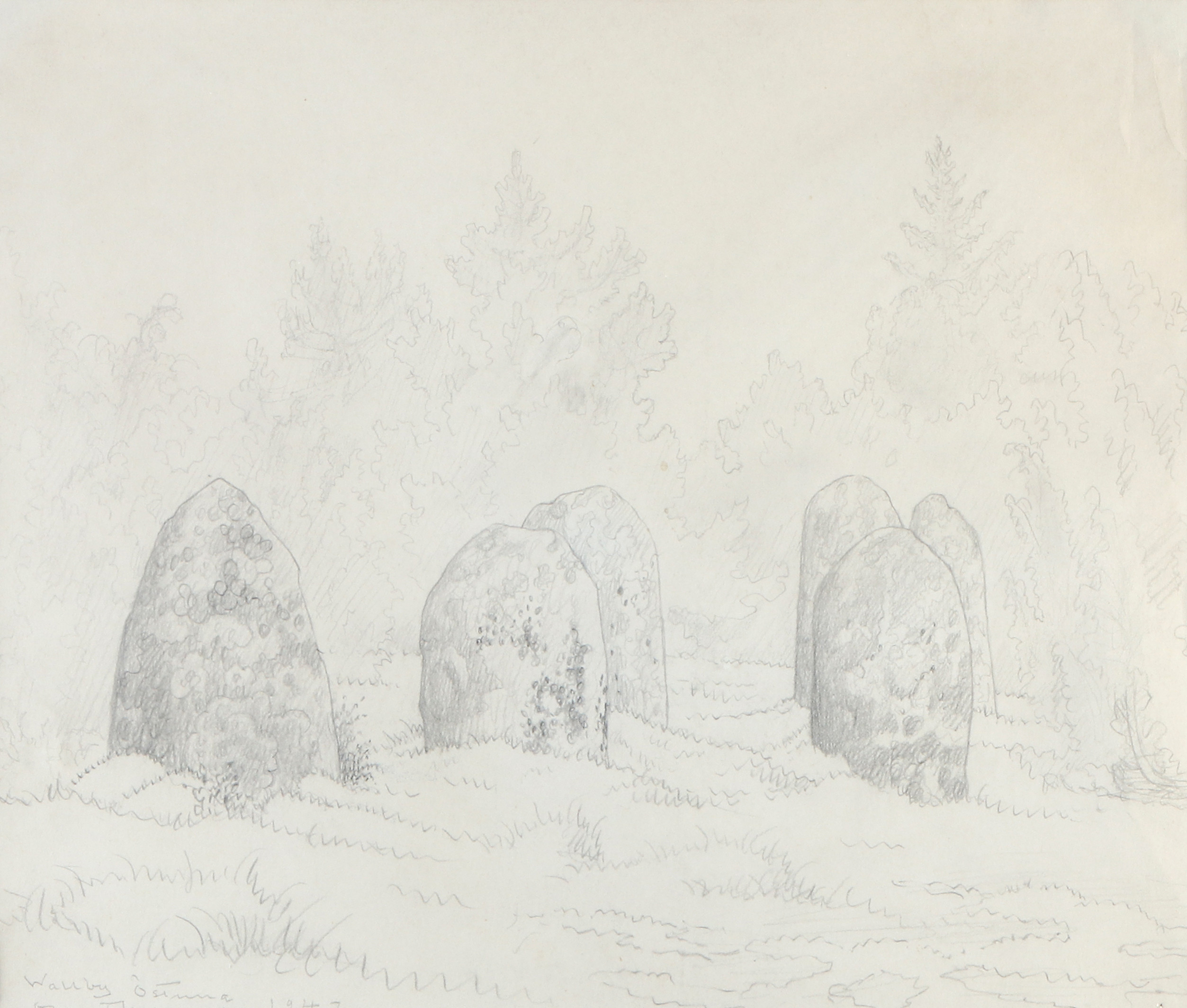 OLOF THUNMAN (1879-1944). Blyertsteckning. Signerad och daterad -42. Motiv av stensättning, Wallby.