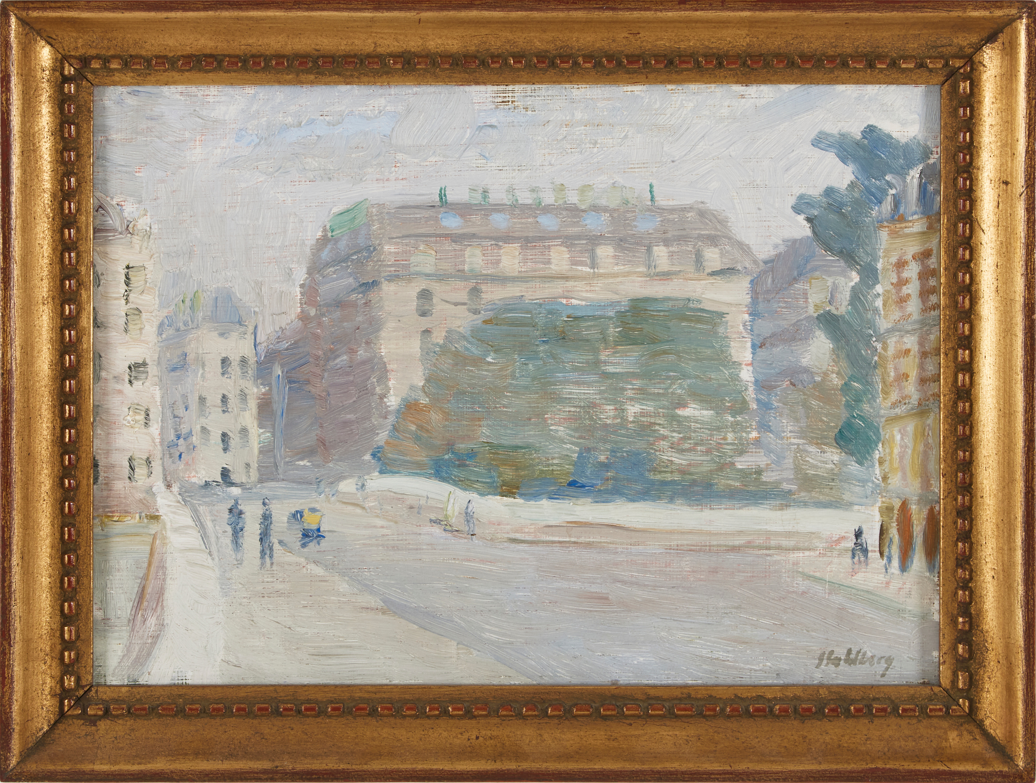 SVEN SAHLBERG (1909-2008) Stadsvy, oljemålning på pannå, signerad.