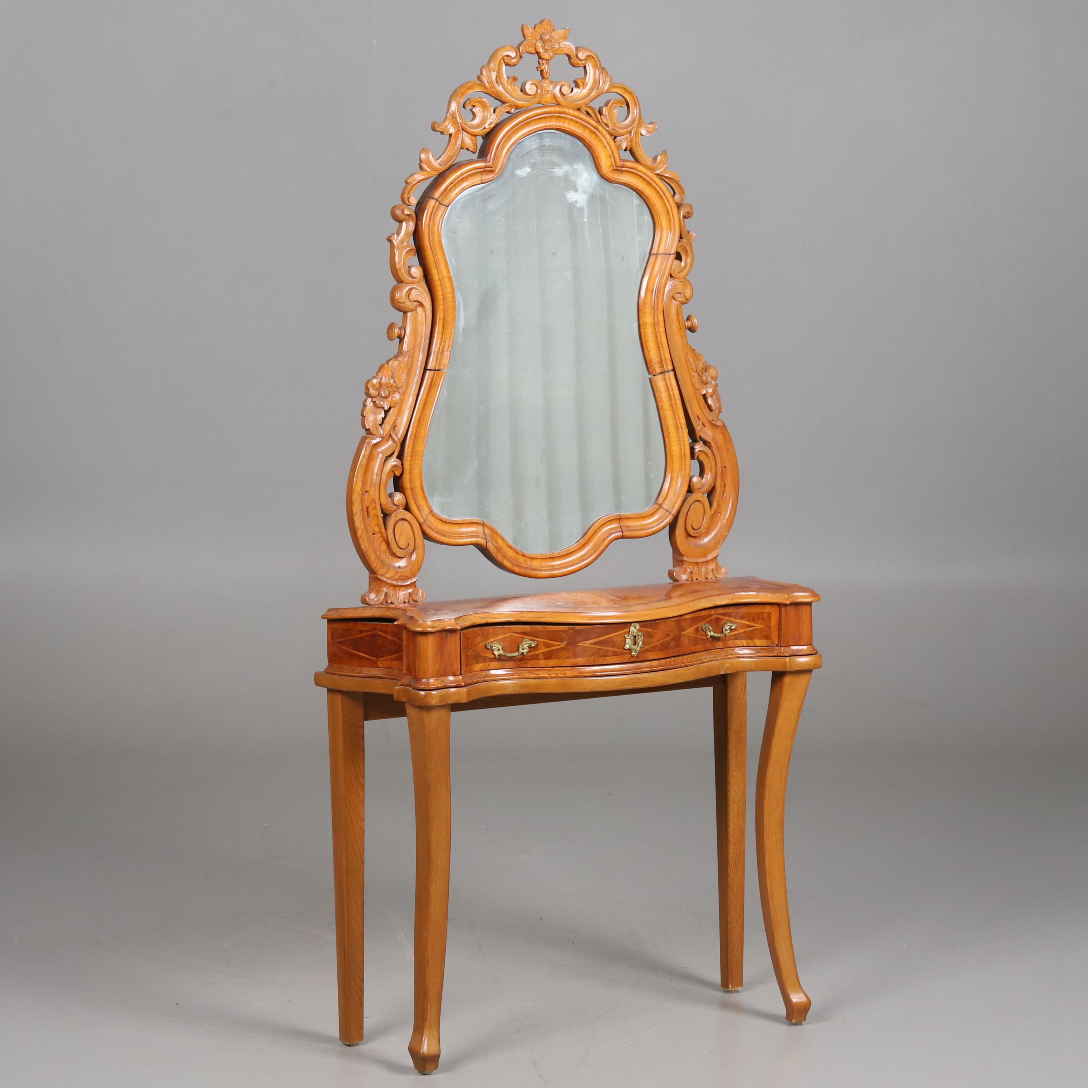 SPEGELBORD. Trästomme med intarsiadekor, rokokostil, omkring 1900-tal.