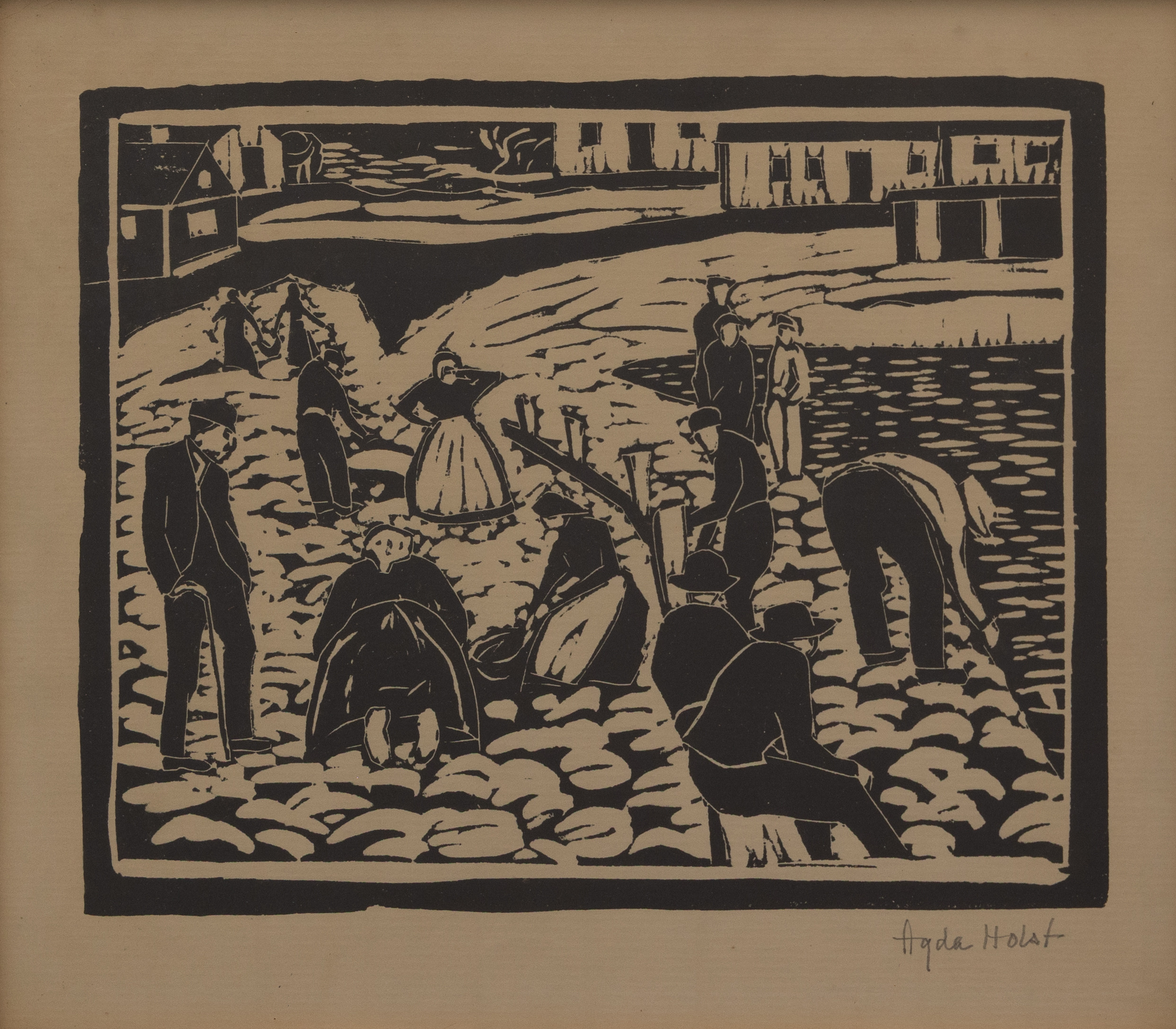 AGDA HOLST. Hamnen i Arild, träsnitt, signerad.