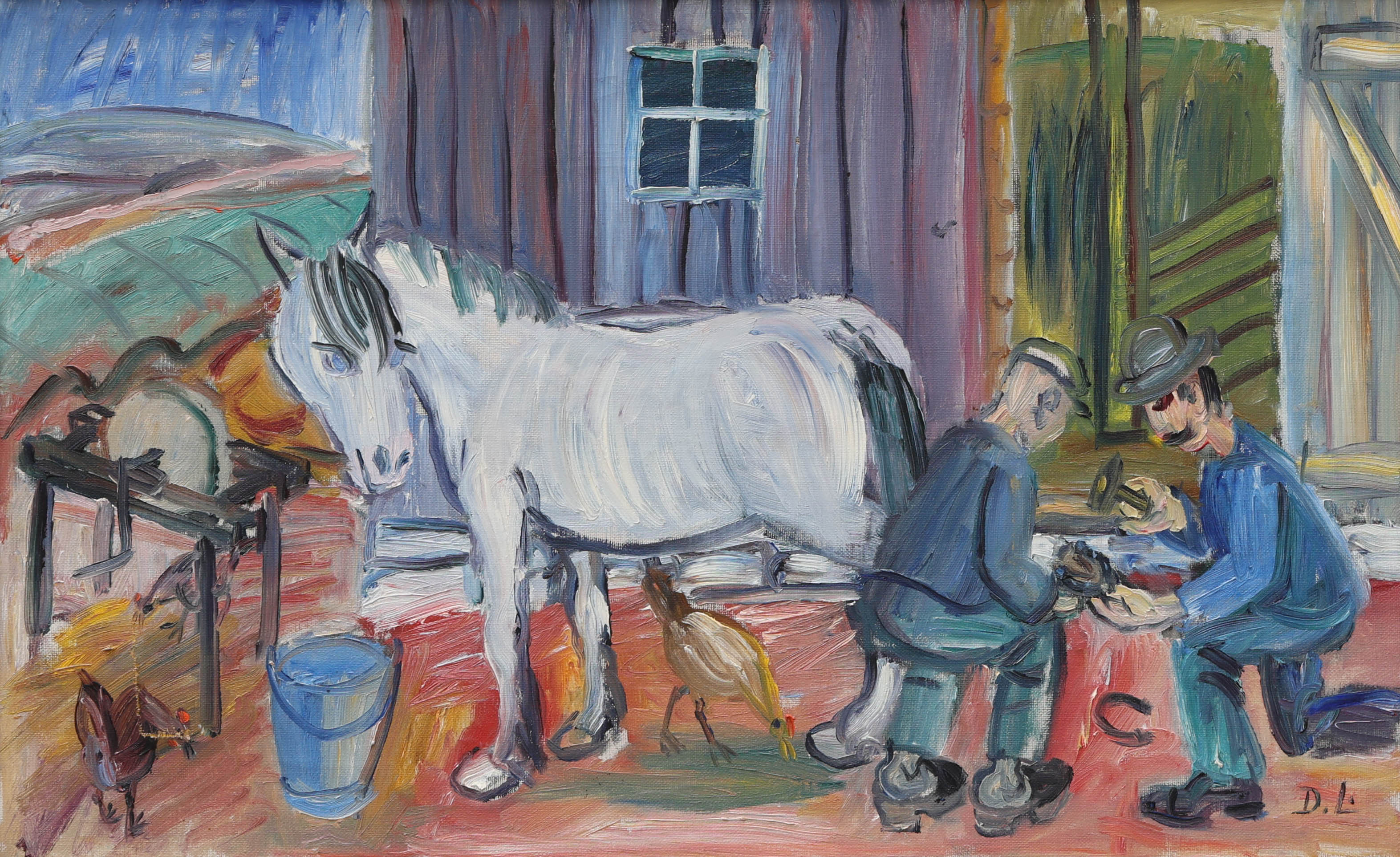 DAVID LARSSON. olja på duk, häst och hovslagare, monogramsignerad D.L.
