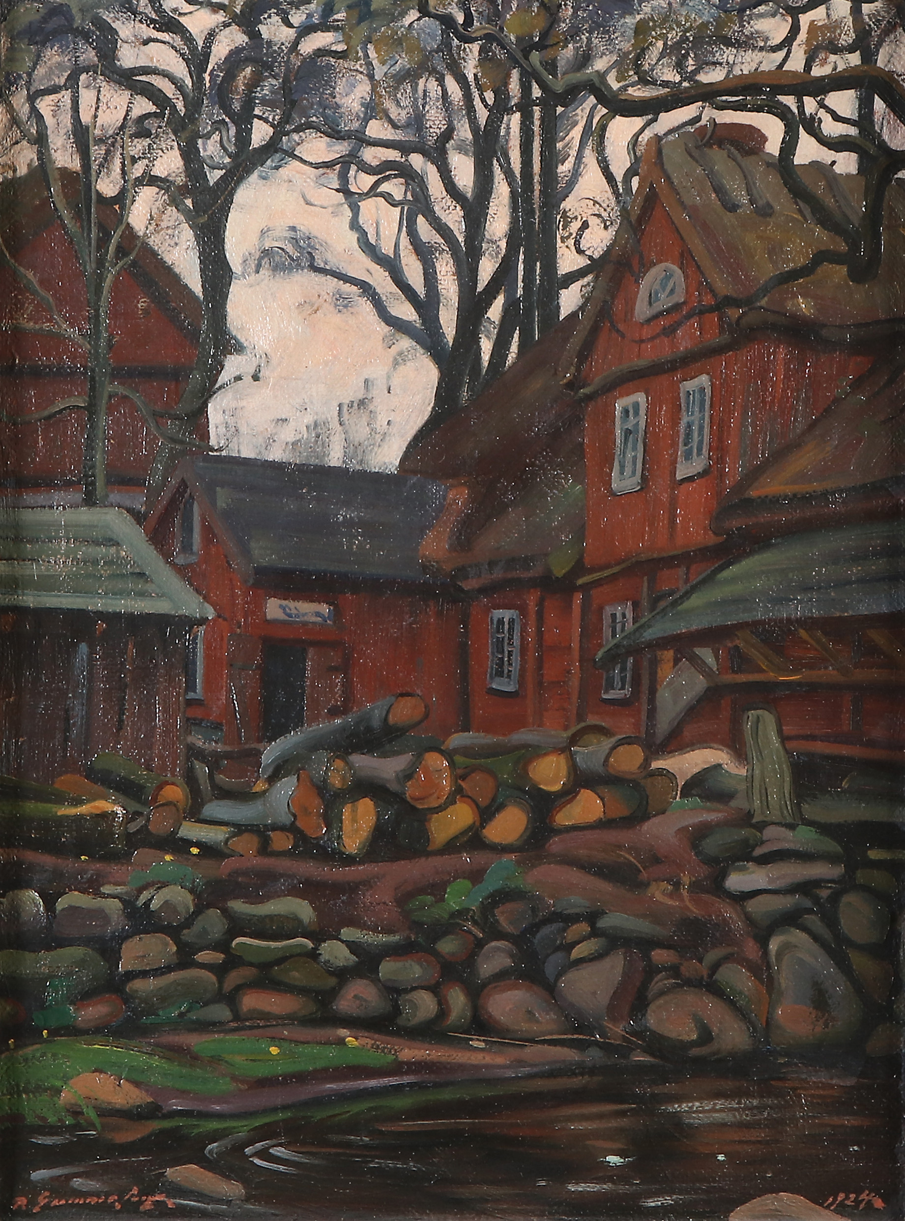 PER GUMMESSON (1858-1928). Oljemålning på duk. Signerad och daterad 1924. "Vid en sågmölla".