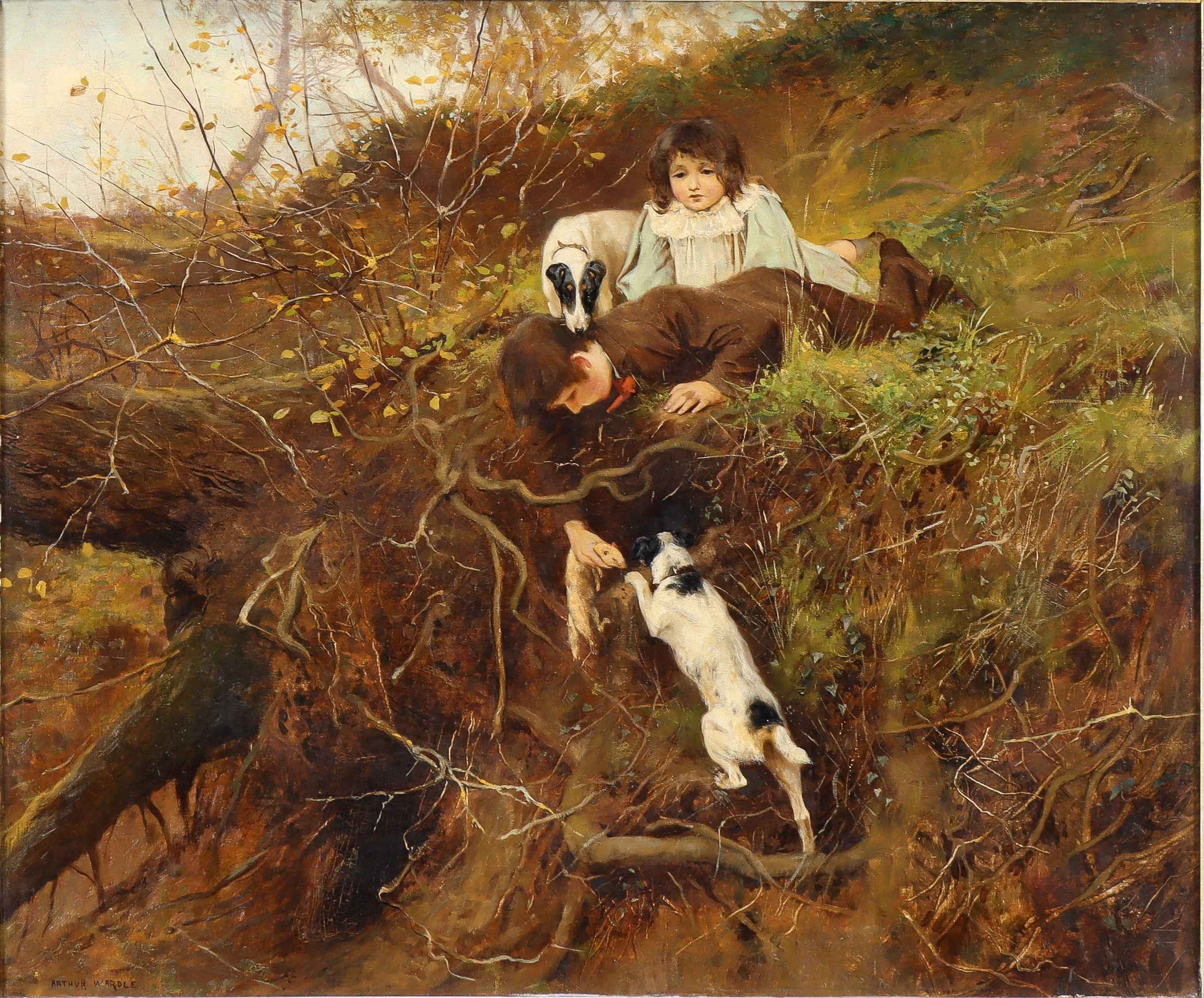 ARTHUR WARDLE (1864-1949). Barn och terriers vid kaninhål.