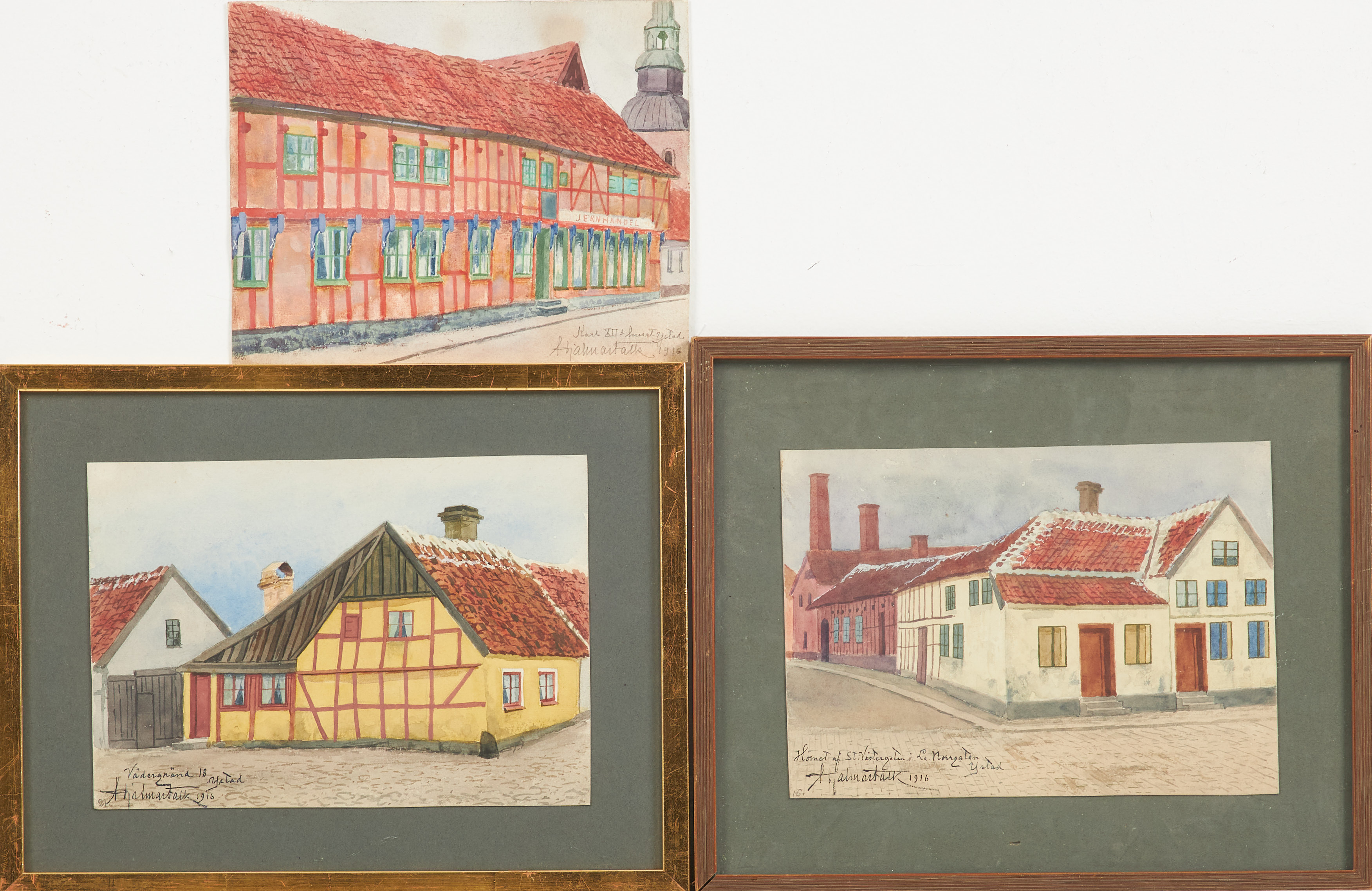 HJALMAR FALK. Motiv från Ystad, 3 st, akvarell på papper, signerade samt daterade 1916.