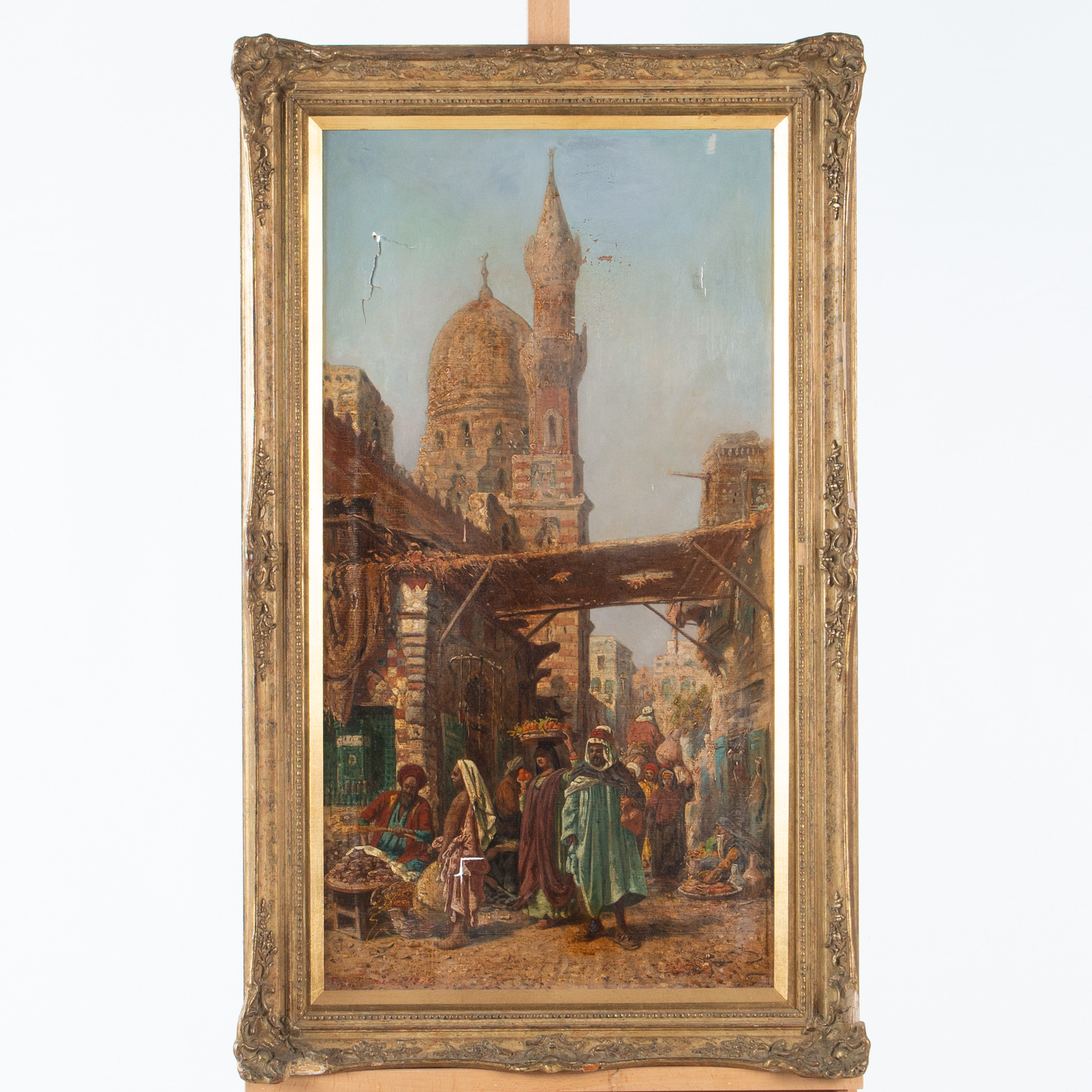 FREDERICK GOODALL. Orientalistisk gatubild med marknadsscen och moské i bakgrunden. Olja på duk.